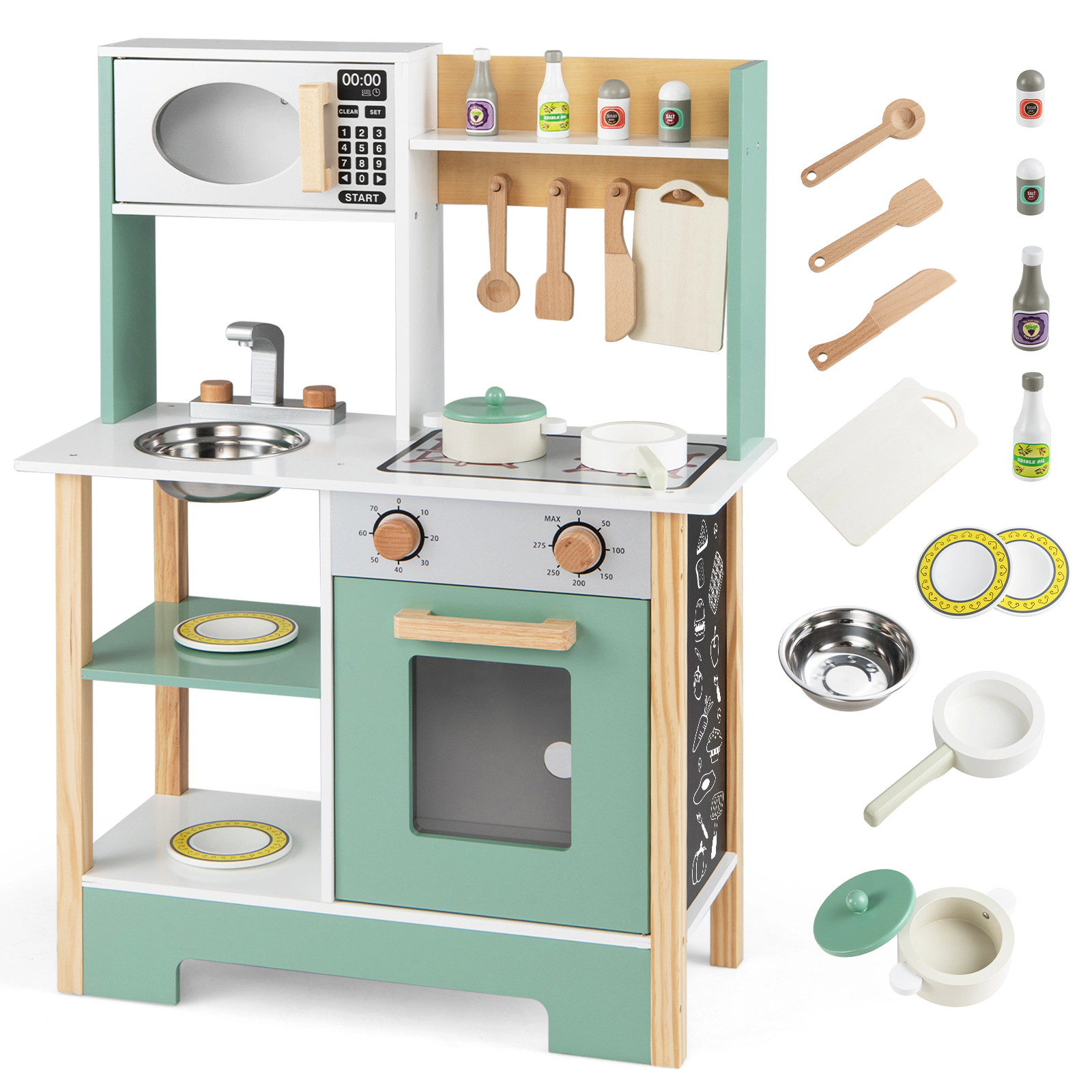 LJG Play Kitchen Wooden Toy Playset with Chalkboard Birthday Gift for Kids Aged 3+
