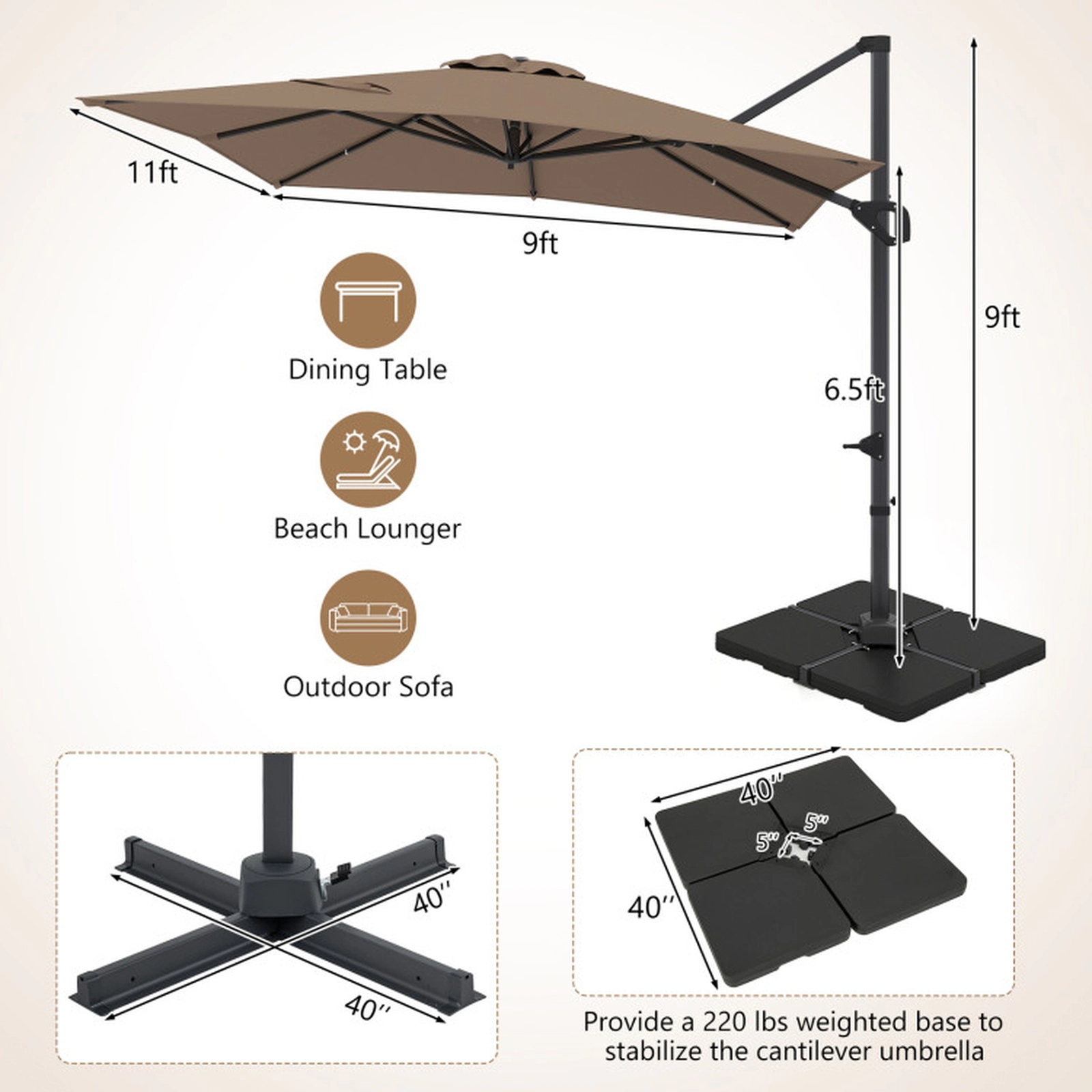 SUGIFT Brown Aluminum Pole and 220 LB Base 11 x 9 FT Offset Hanging Patio Umbrella