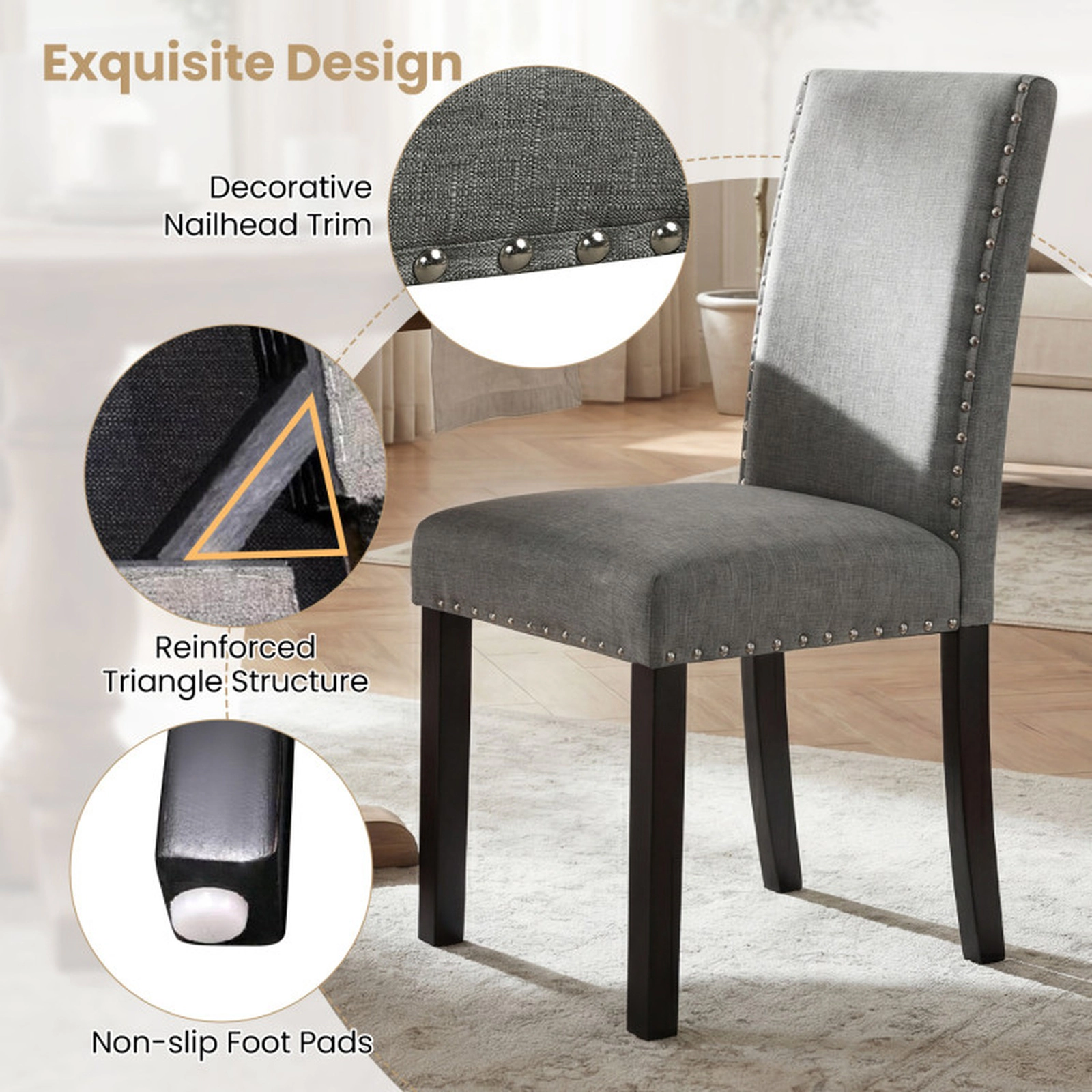 SUGIFT Gray Upholstered Nailhead Trim Bent Wood Legs Set of 4 Dining Chairs