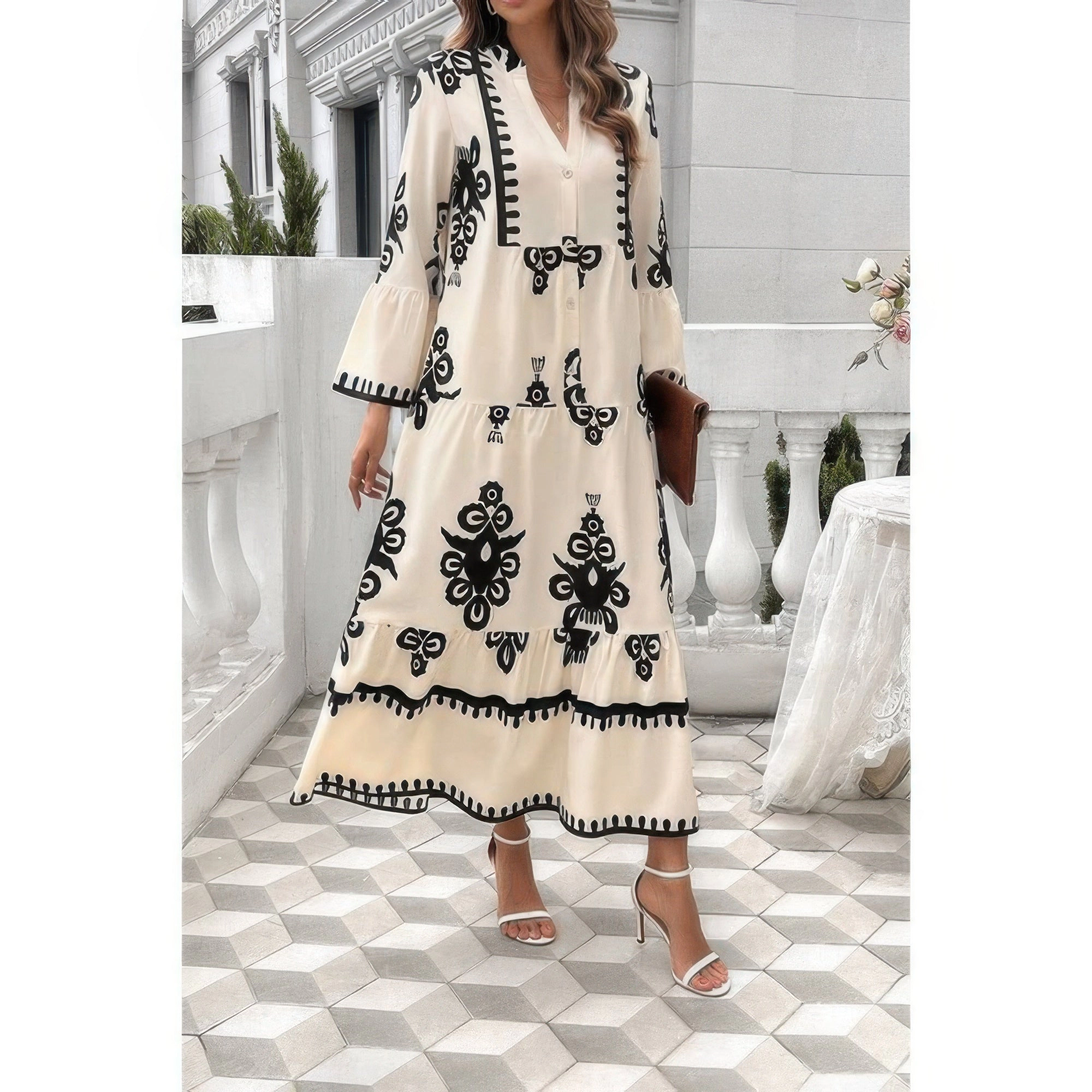 TRUEDAMES Women's V Neck Stand Collar Button Floral Splicing Dress