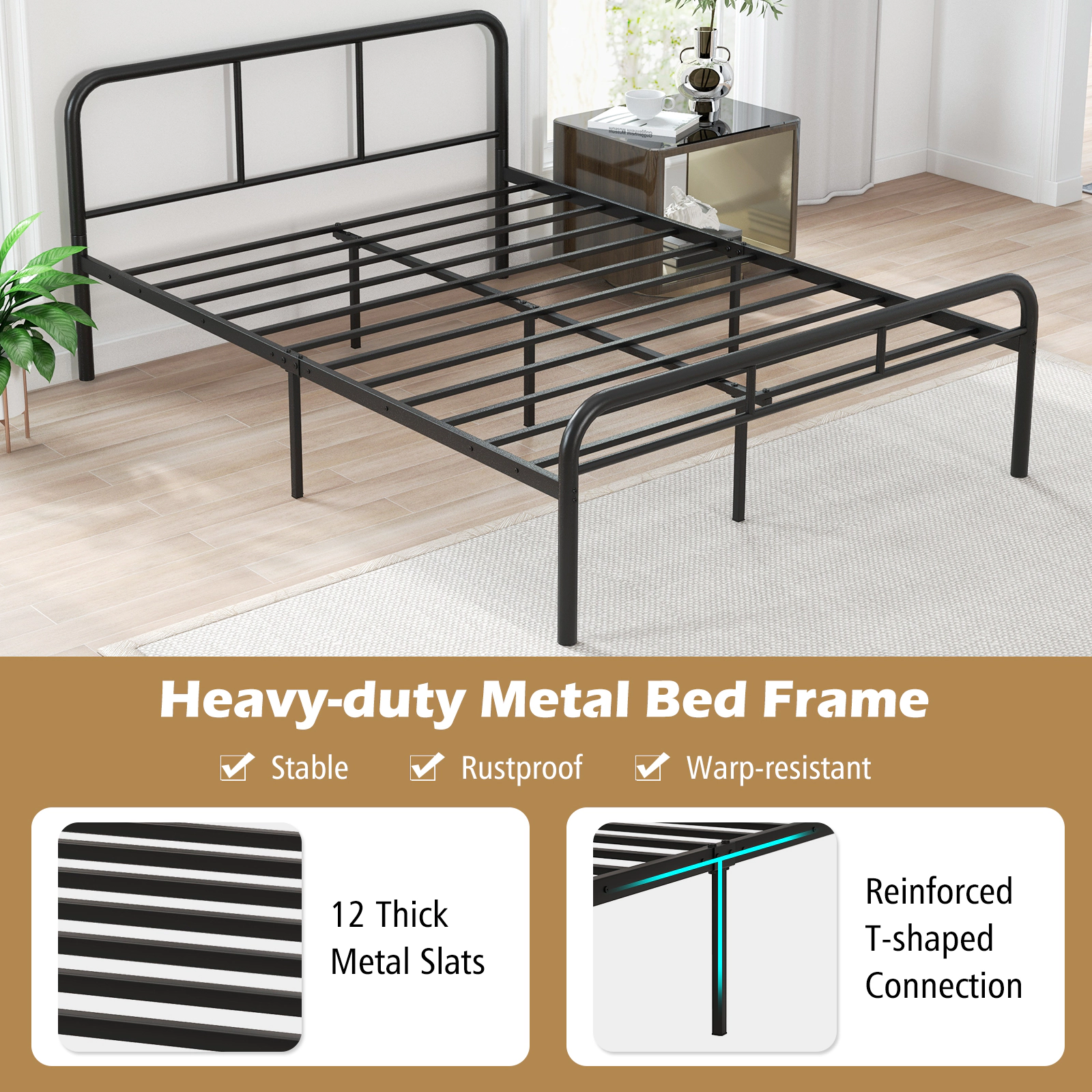 SUGIFT Black Headboard and Footboard No Box Spring Needed Full Size Metal Bed Frame