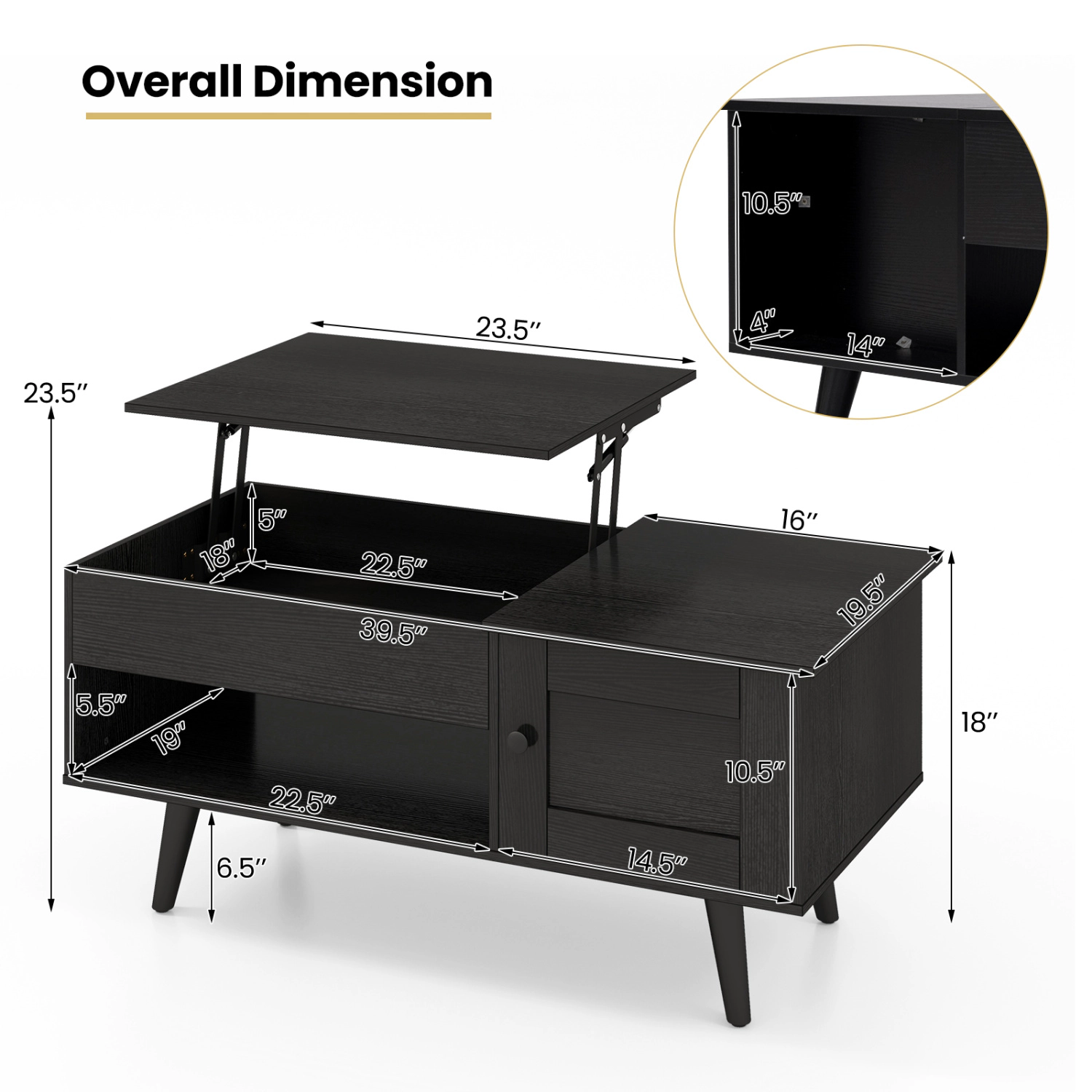 LJG Lift Top Coffee Table with Storage and Hidden Compartment