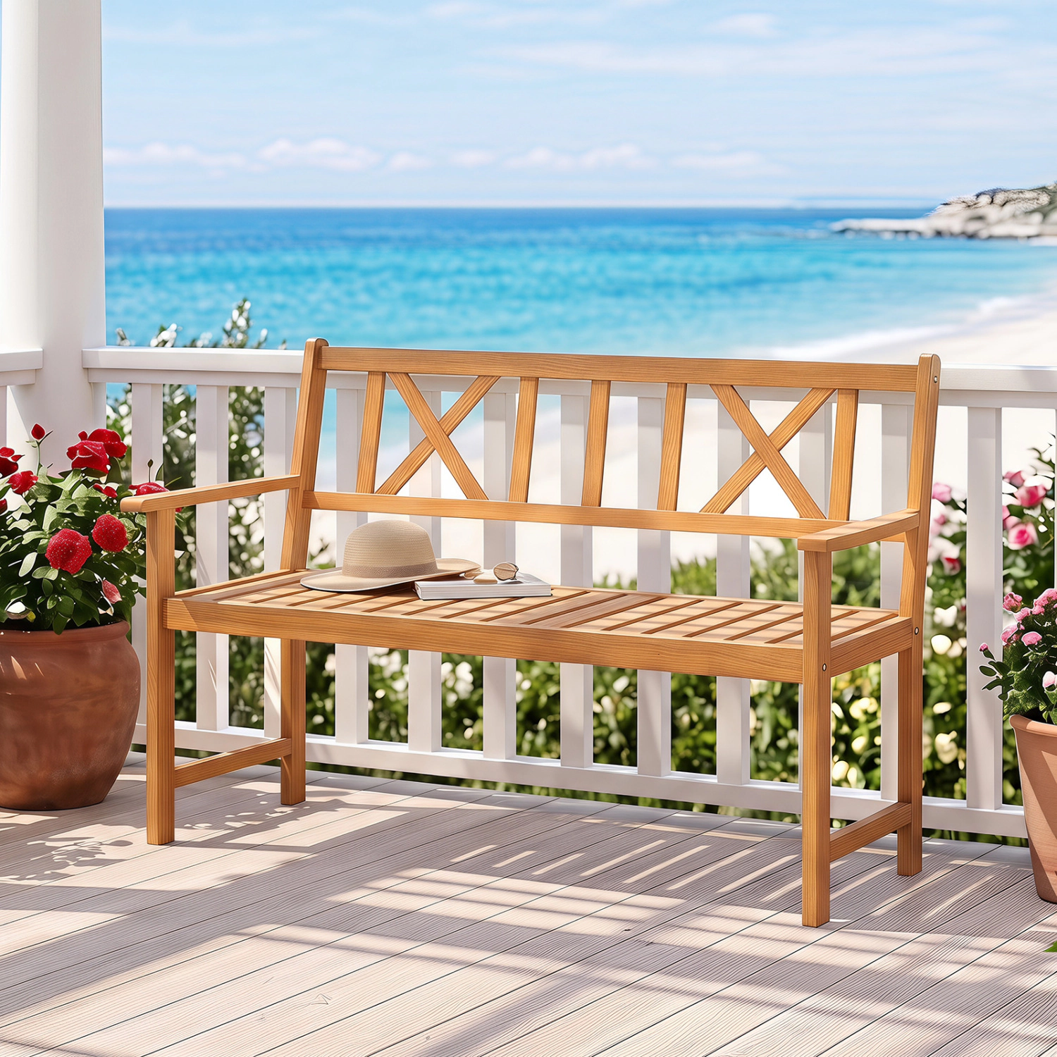 LJG 2-Person Patio Acacia Wood Garden Chair with Armrests and x-Shaped Backrest for Garden