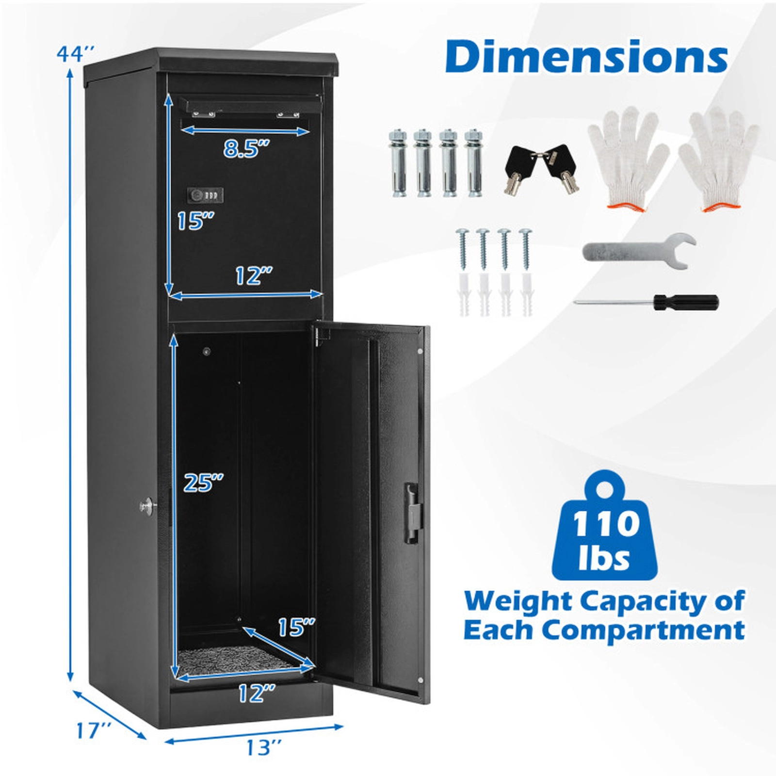 SUGIFT 2-Compartment Coded Lock Galvanized Steel Outdoor Package Delivery Box 13-in x 17-in x 44-in 110-lb Black
