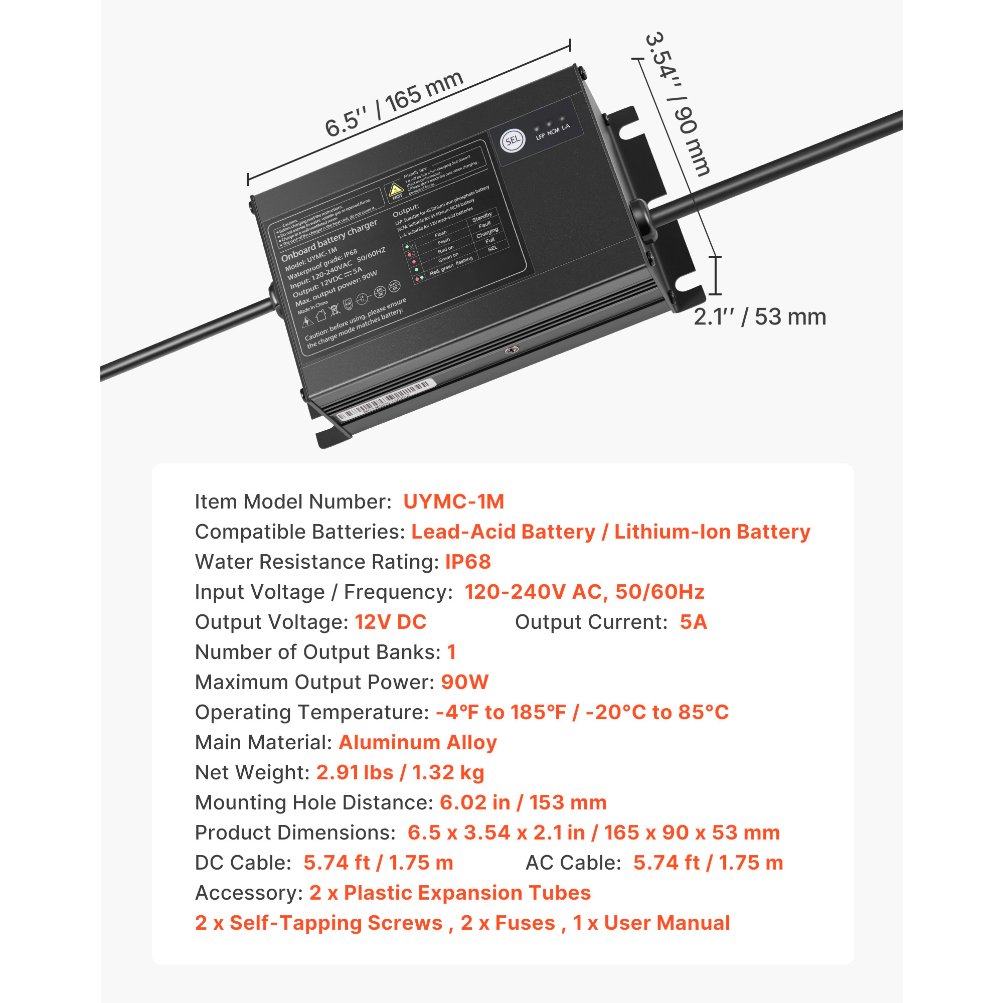 HONGGE Marine Battery Charger, 12V Onboard Boat Charger, IP68 Waterproof Smart On-Board Battery Charger