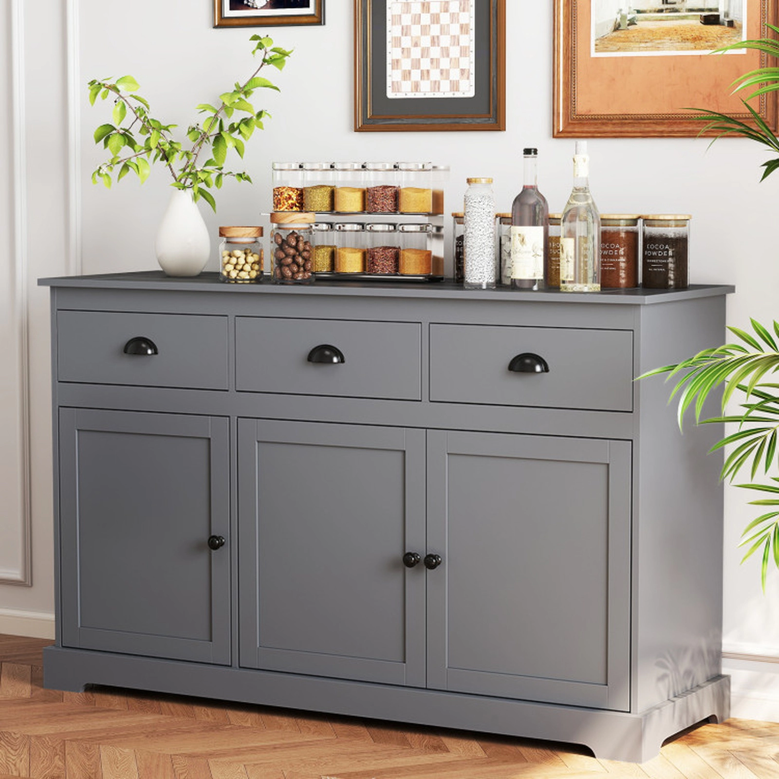 SUGIFT 3-Drawer Cup Handles Adjustable Shelves Sideboard Buffet Cabinet 53.5-in x 17-in x 34-in 22-lb per Shelf Gray