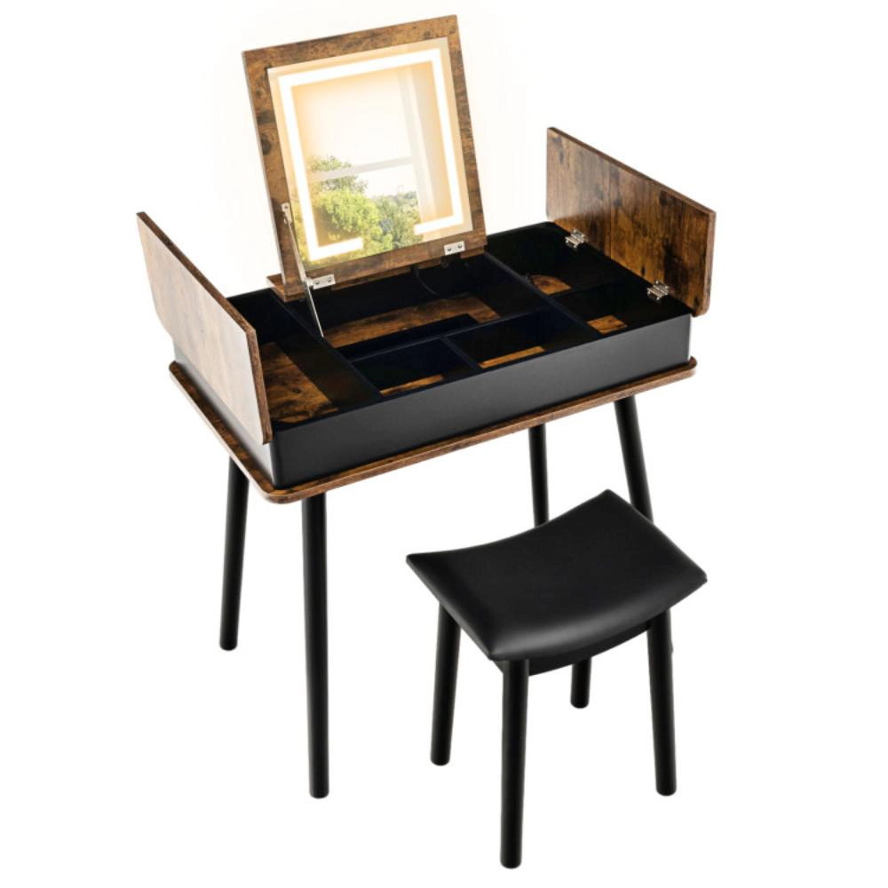 Hivvago Vanity Table Set With Flip Top Mirror Lights Usb Writing Desk And Stool-Brown