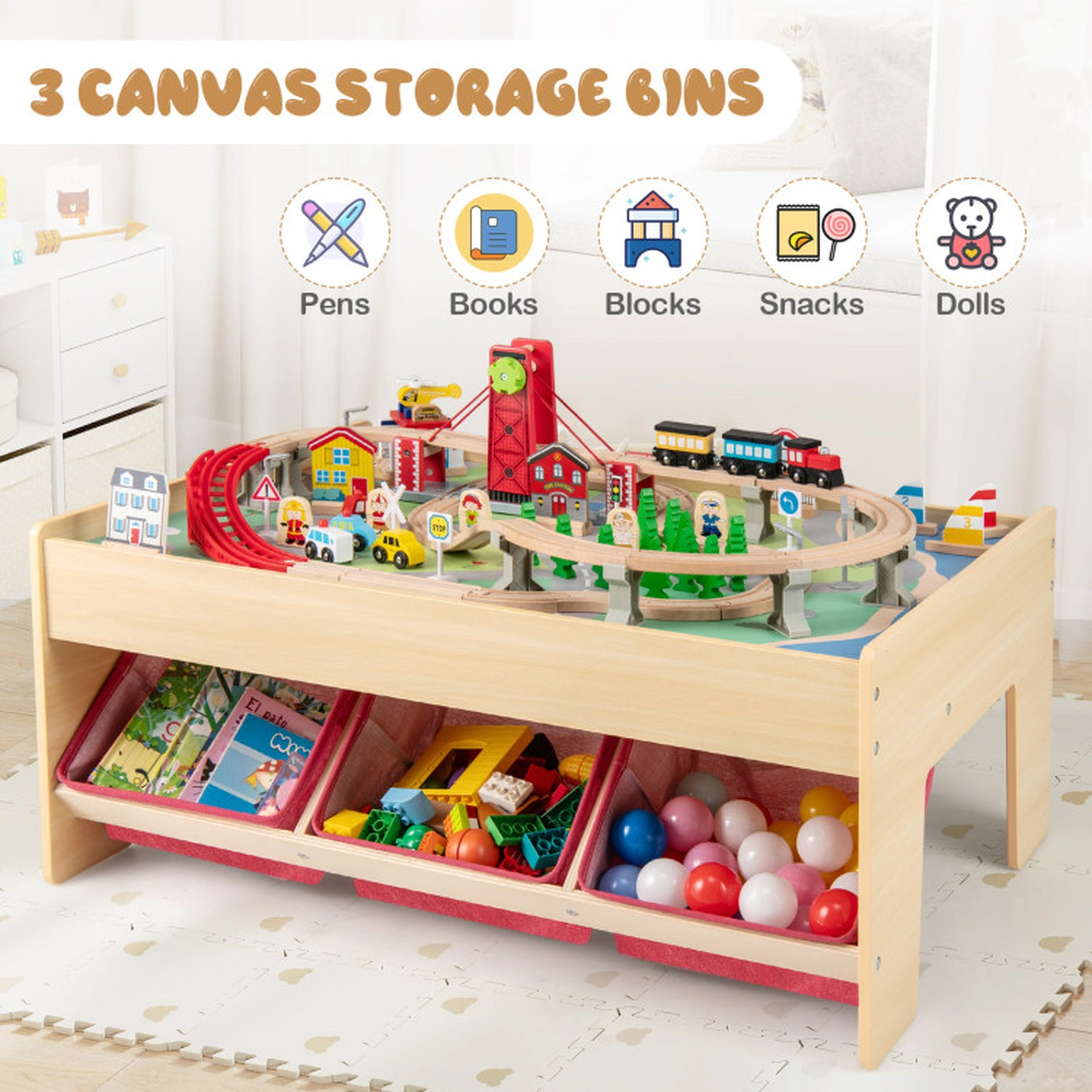 SUGIFT 94-Piece Wooden Train Table with Reversible Tabletops, Magnetic Trains and Fabric Drawers