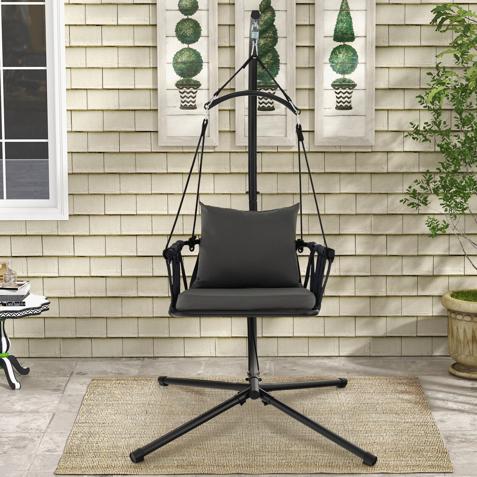 Slickblue Outdoor Hanging Swing Chair with Metal Stand and Cushions