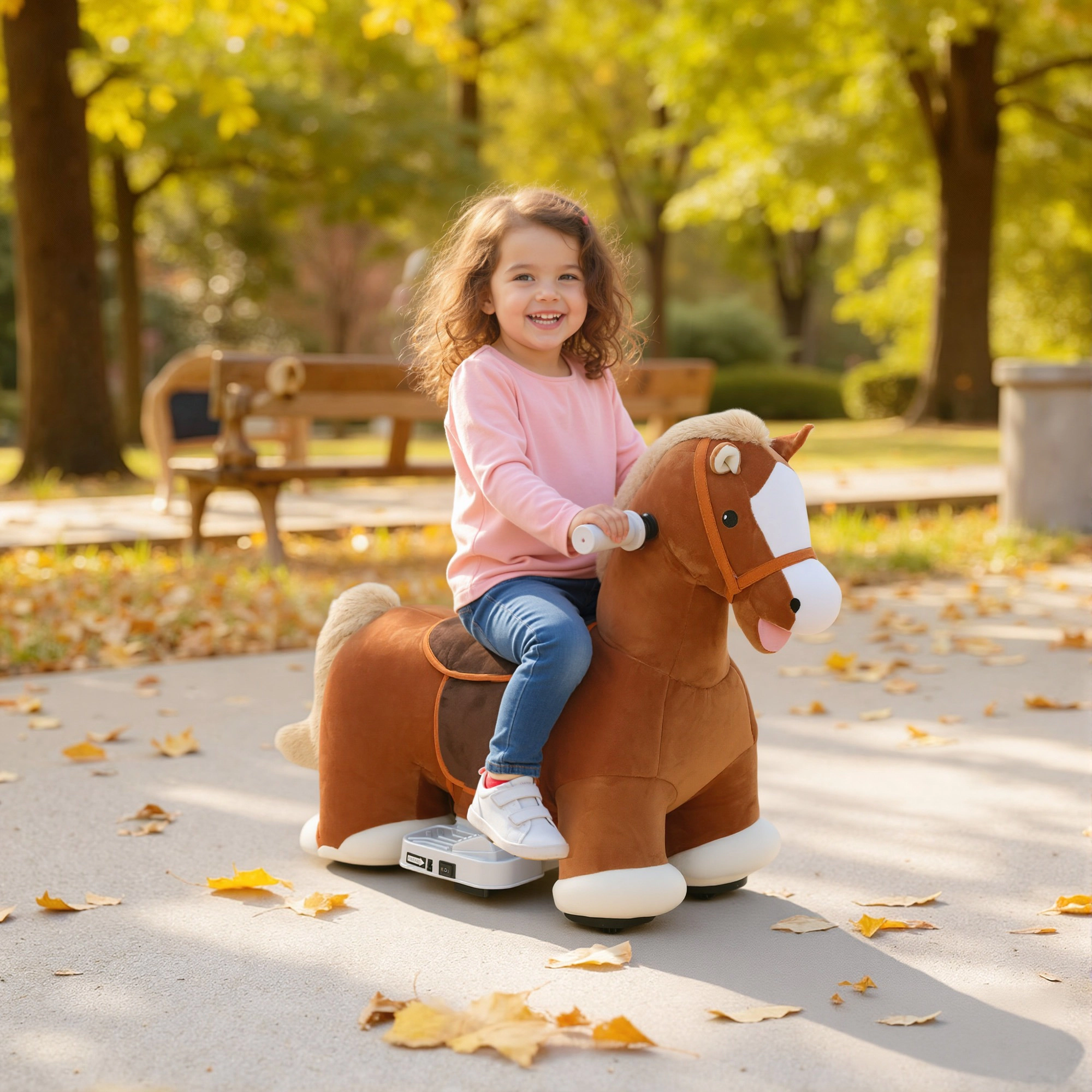 HONGGE 6V Kids Ride-On Pony Toy with Foot Pedal, Music, Washable Cover, Brown, Ages 18 Months-5 Years