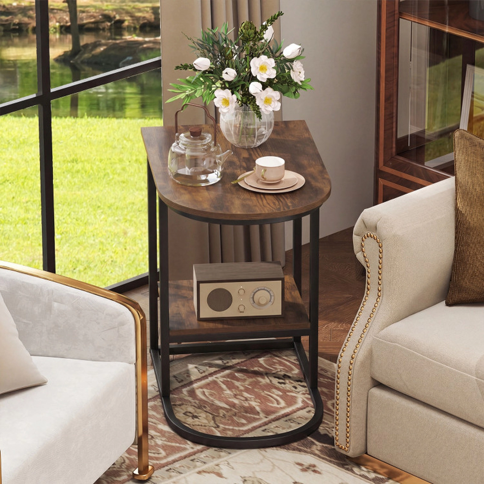 SUGIFT 24-Inch C-Shaped Sofa Side Table, Rustic Brown Faux Marble Top, Storage Shelf, Metal Frame