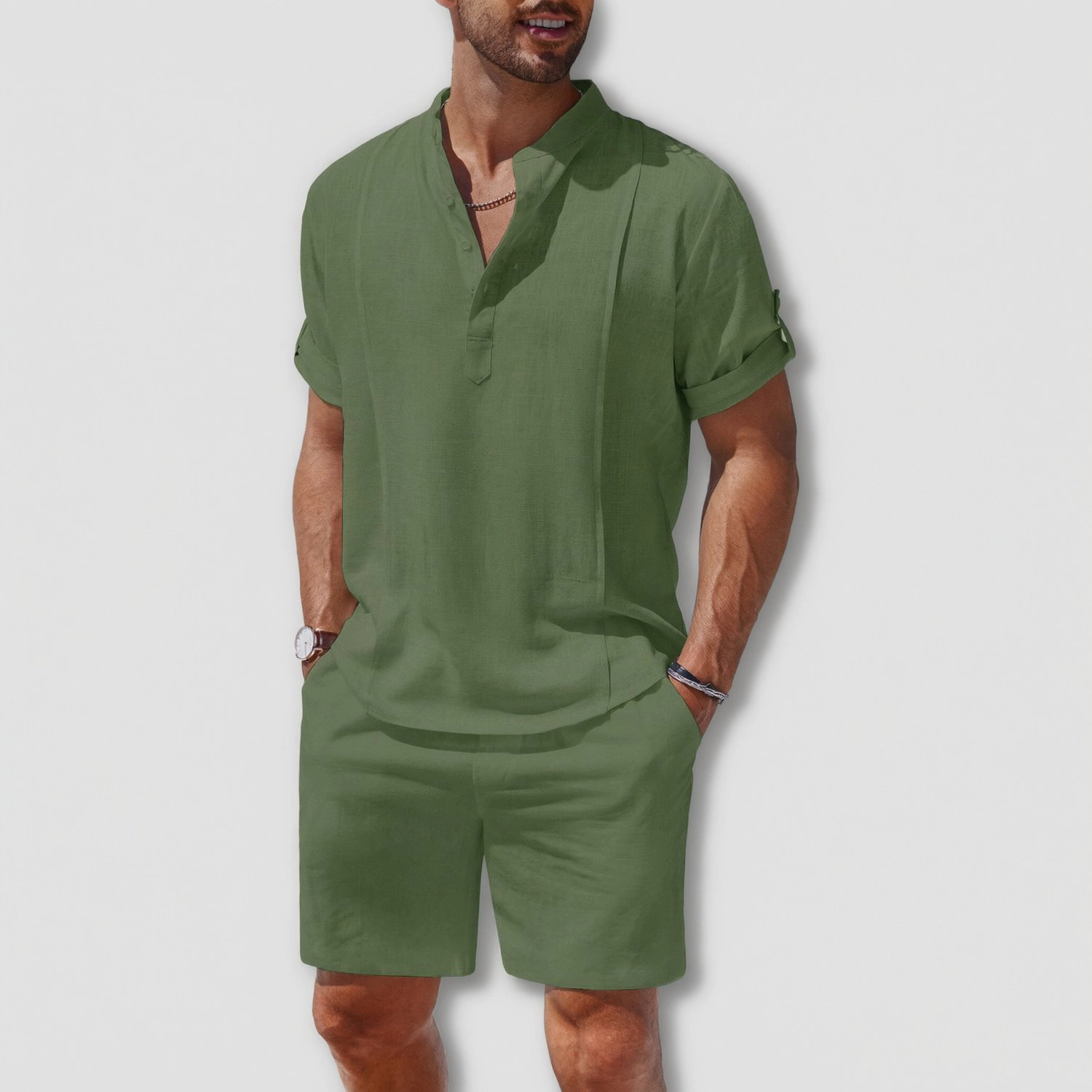 COOFANDY Mens Short Sleeve Henley Shirts  V Neck Casual 2 Piece Outfits with Shorts