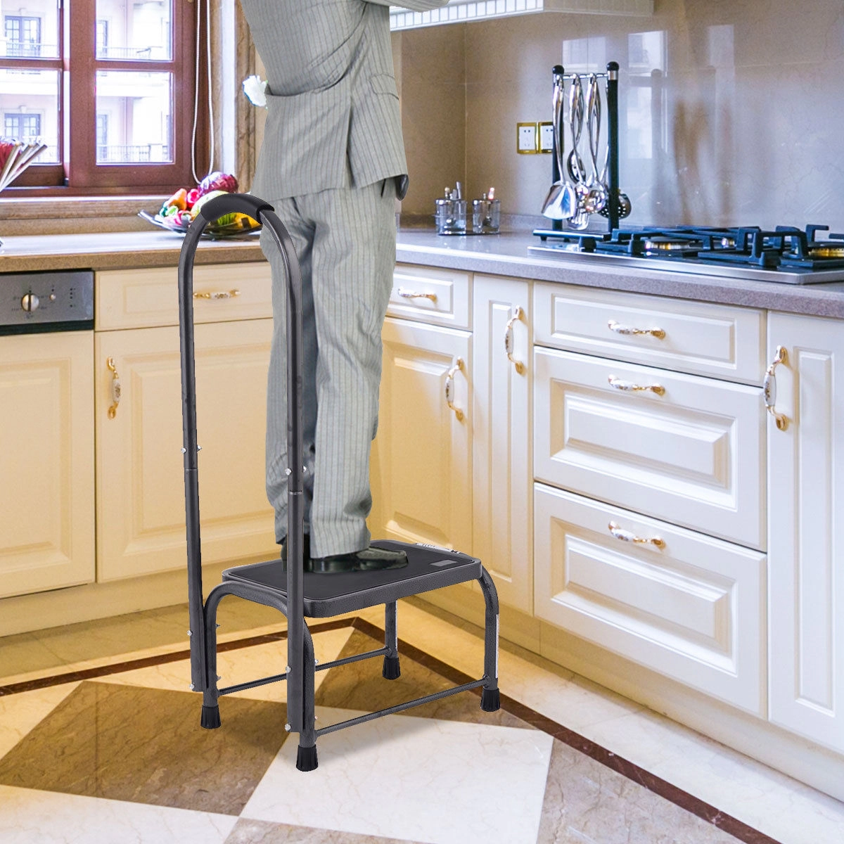 SUGIFT 330-lb Capacity Non-Slip Powder-Coated Iron Step Stool with Safety Handle and 4 Rubber Pads