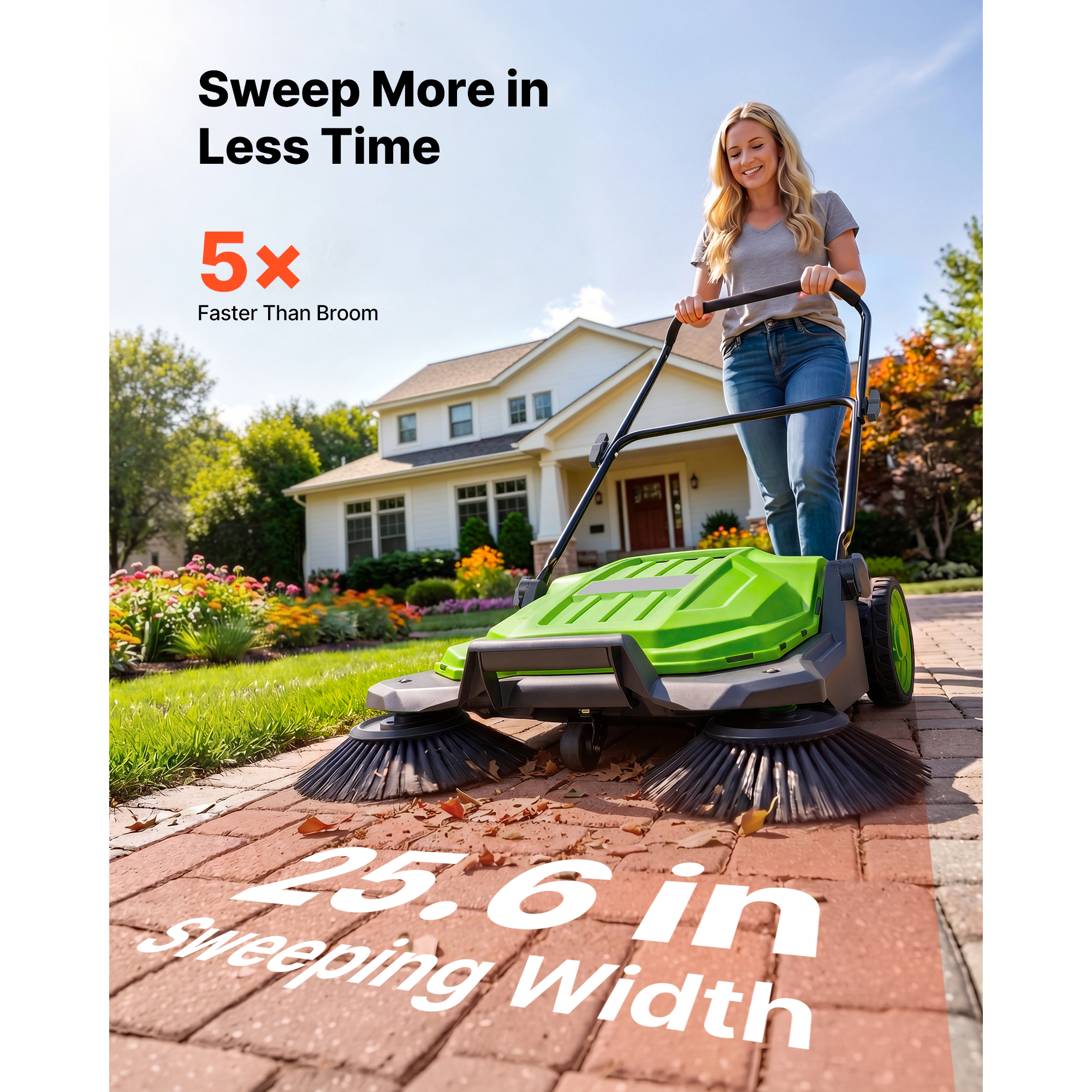 HONGGE Walk-Behind Hand Push Floor Sweeper Manual Non-Electric with 25.6" Sweeping Width 5 Gallons Waste