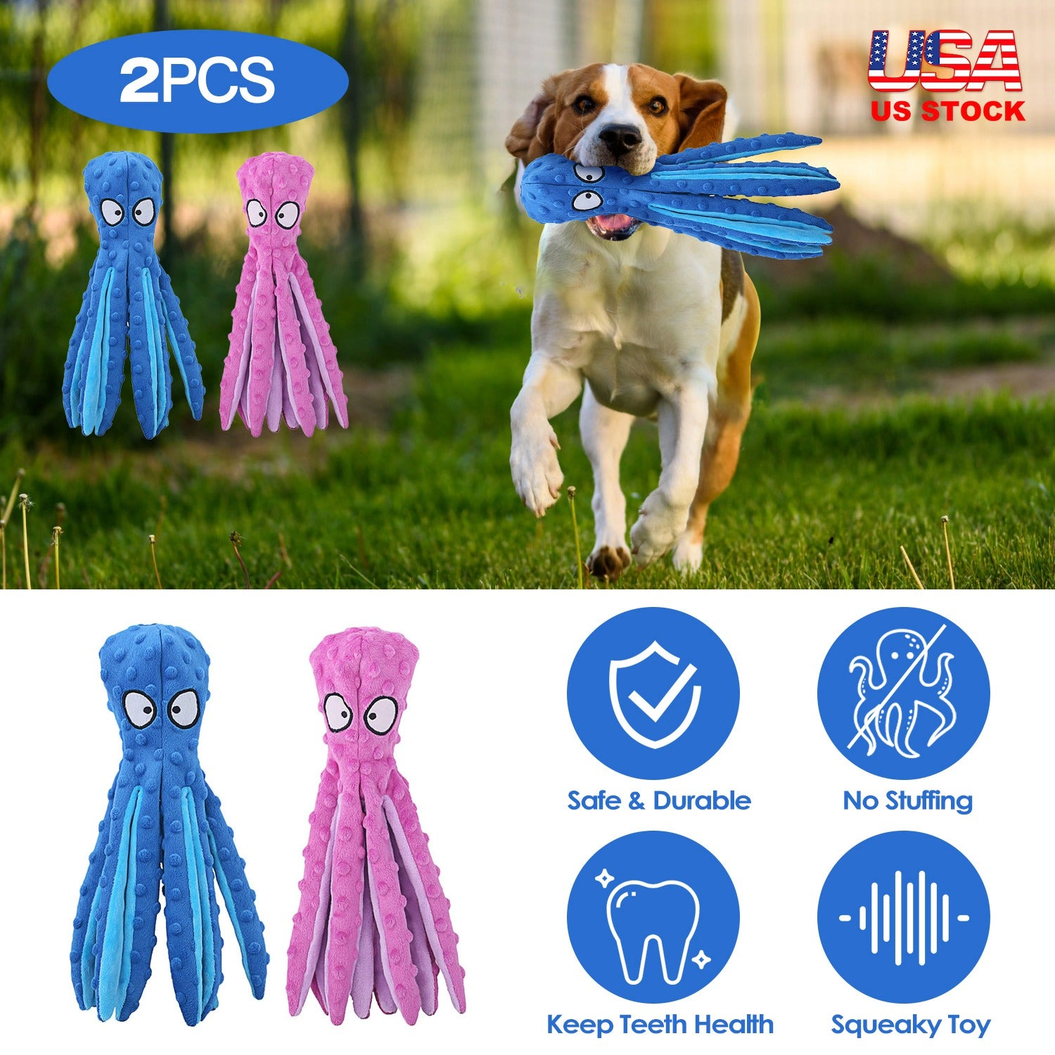 GBruno No-Stuffing Crinkle Octopus Dog Toy 2-Pack