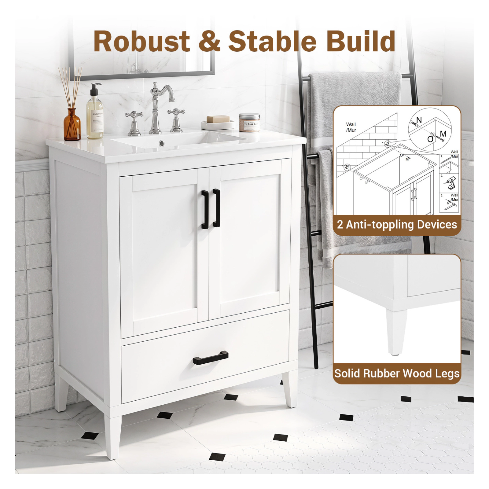 Glintex 24.5-Inch Vanity with Ceramic Sink Door Shelves and Divided Drawer, White