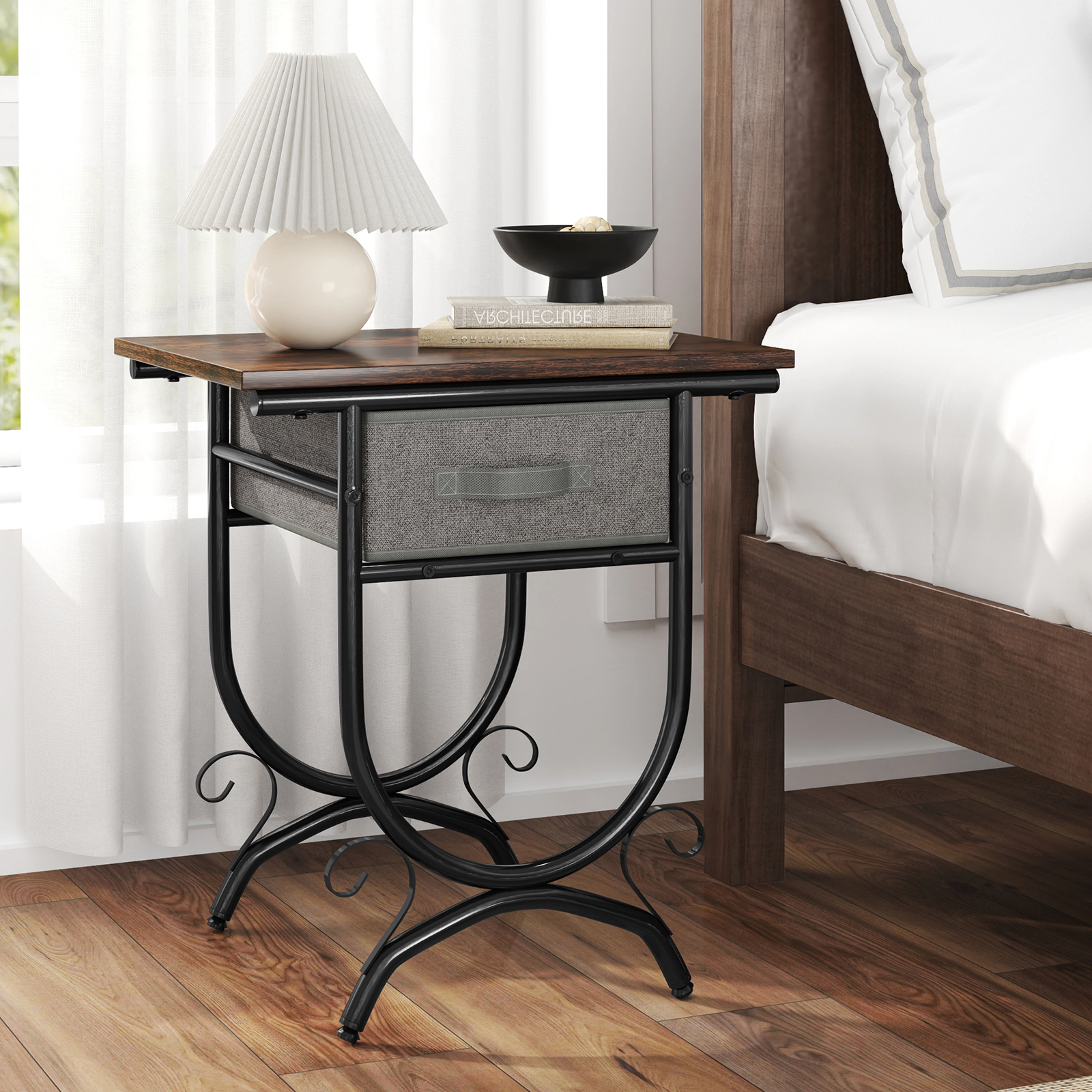 SUGIFT Wide Top Side Table Nightstand Foldable Fabric Drawer & Carved Metal Frame 88-lb Tabletop Capacity Black & Gray