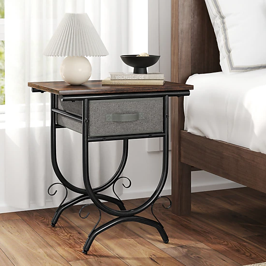 LJG Side Table with Fabric Drawer and Carved Metal Frame for Living Room