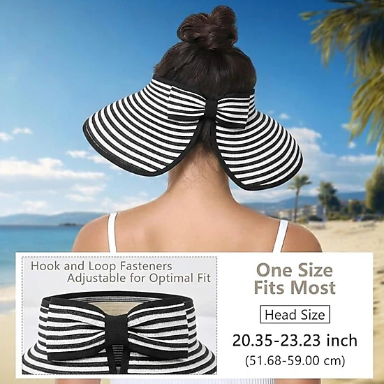 Anna-Kaci Women's Roll-Up Straw Visor Hat Wide Brim Striped Sun Hat Bow Adjustable Open Top Beach Cap, Hot Pink Stripe
