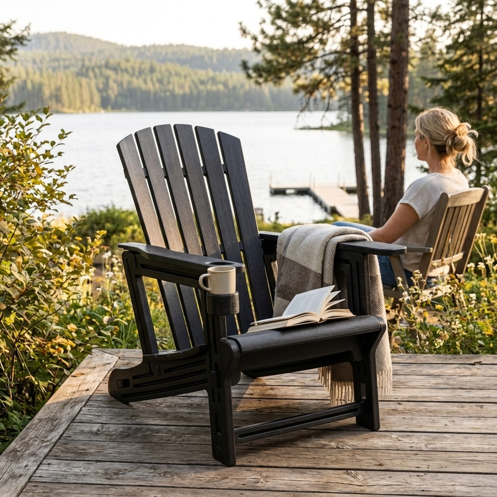 SUGIFT Black HDPE Adirondack Chair with Cup Holder, Tool-Free Assembly