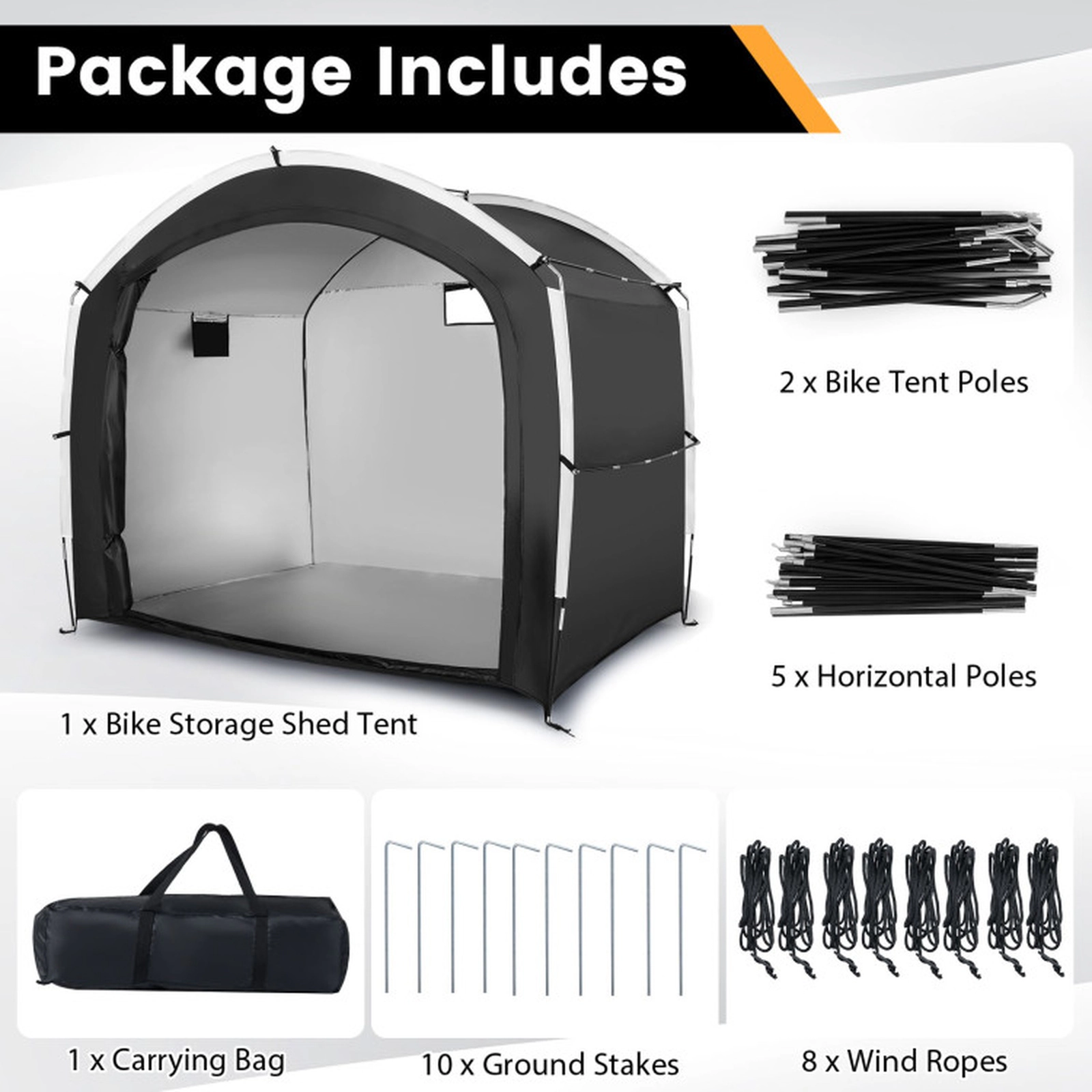 SUGIFT 5-Bike Waterproof 210D Oxford Fabric Fiberglass Frame Storage Shed Tent 86.5-in x 59-in x 73-in 11-lb Black
