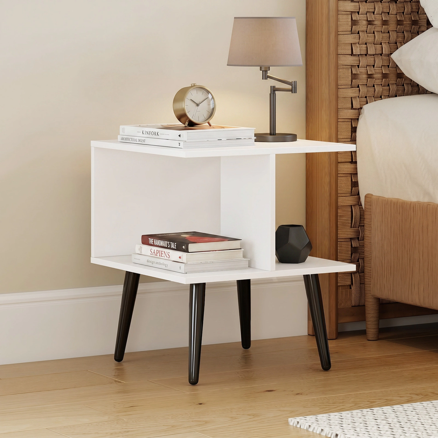 LJG 2-Tier Mid Century Modern End Table with 2 Compartments and Metal Legs