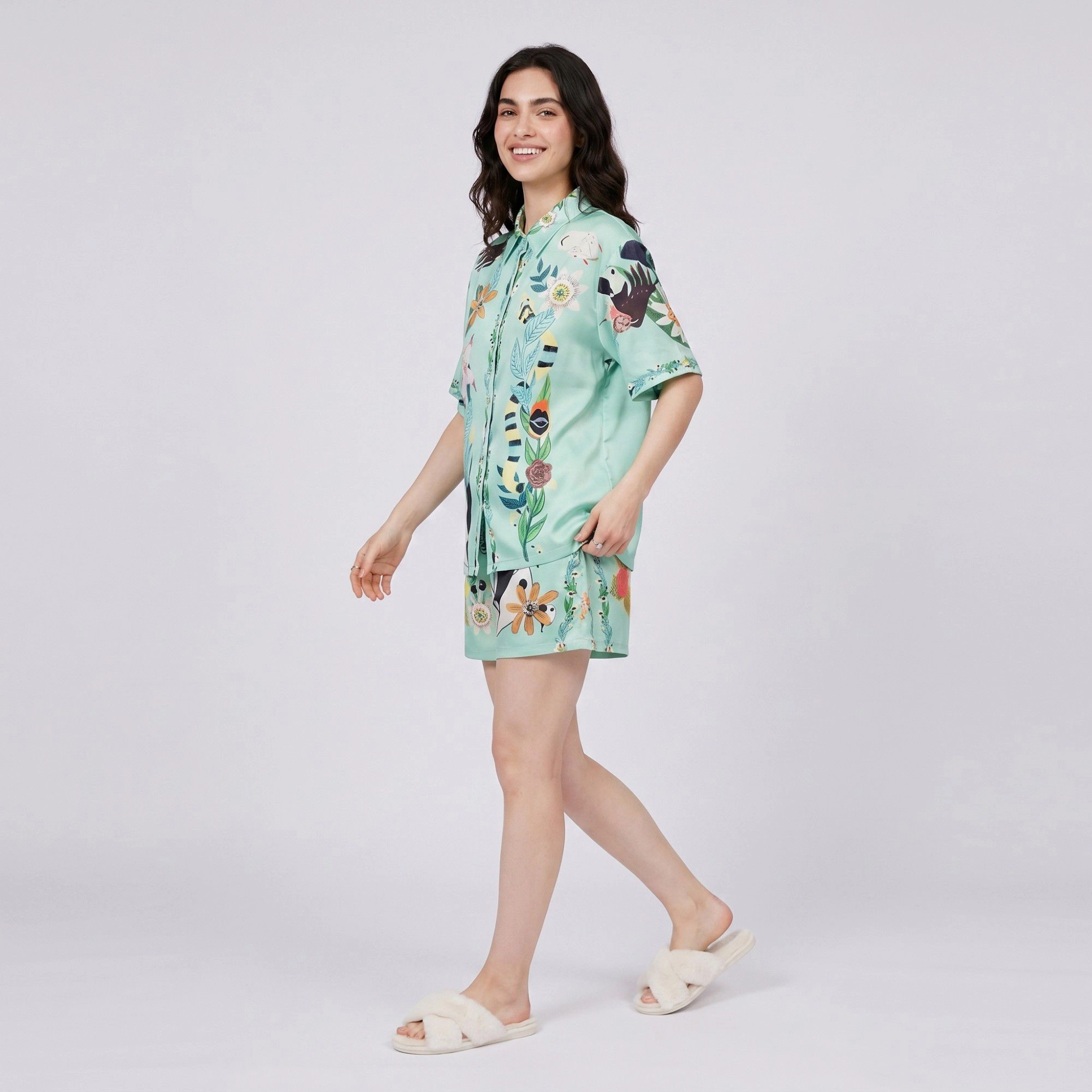 Anna-Kaci Women's 2-Piece Botanical Short Pajama Set with Button Front Top and Matching Shorts