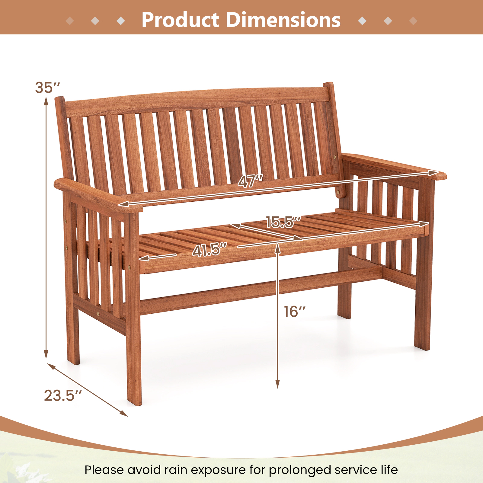 SUGIFT 47-In 2-Person Natural Wood Outdoor Garden Bench with Reclined Backrest