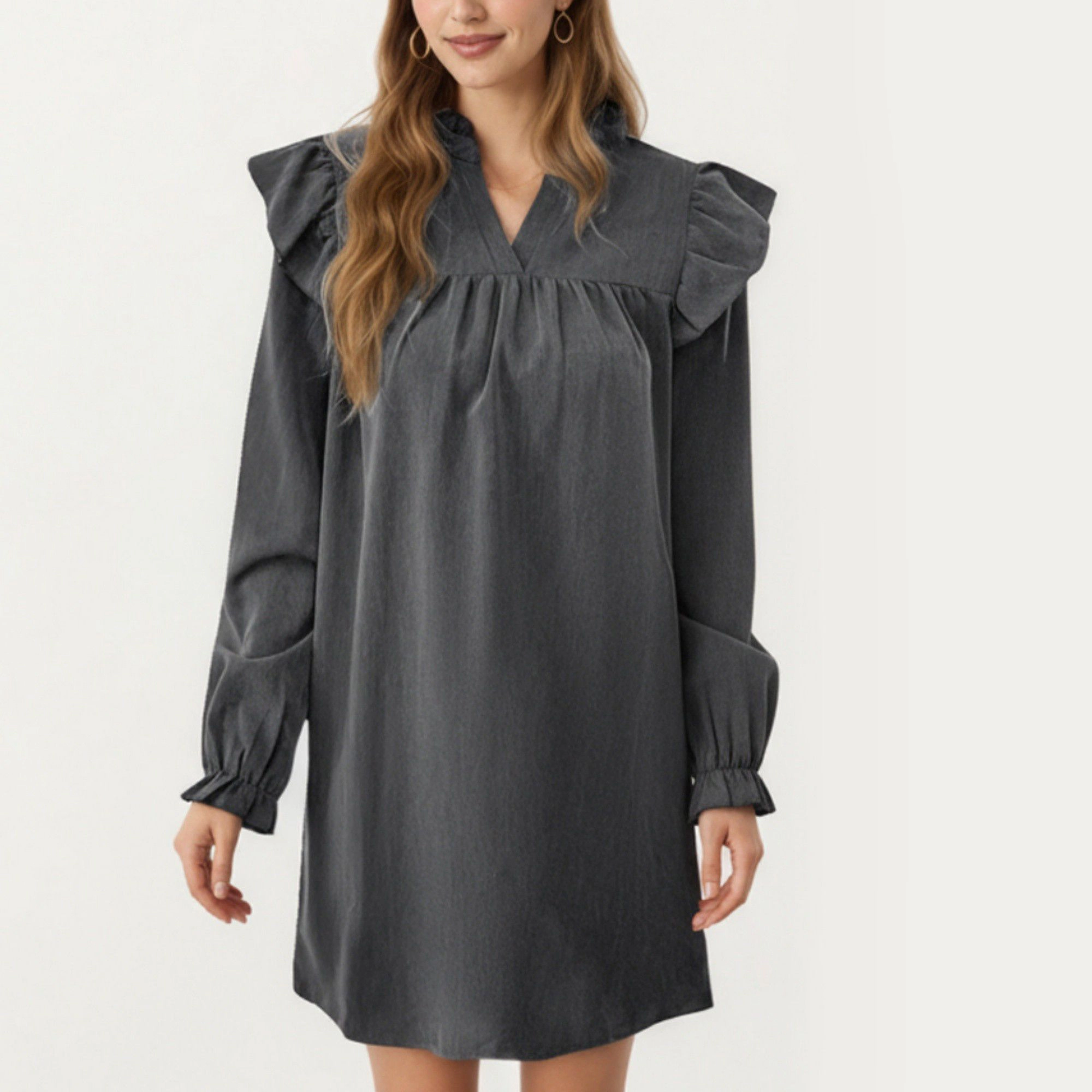 Anna-Kaci Women's Long Sleeve Ruffle Shoulder V Neck Gathered Detail Mini Dress