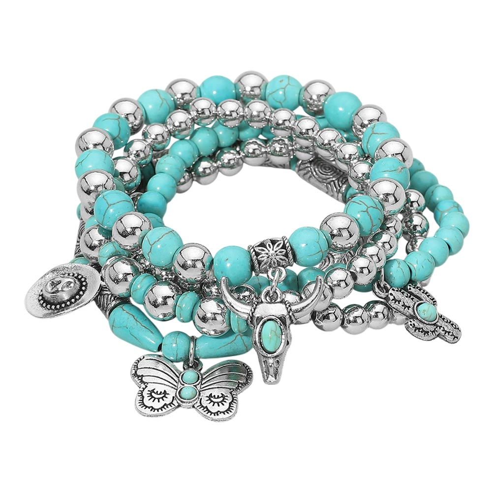 FASHNZFAB 5PCS Turquoise Stone Beaded Stretch Multi Layered Bracelets