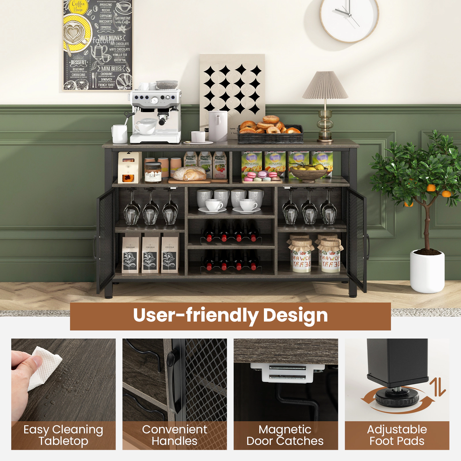 Glintex 55-Inch Buffet Sideboard with 8-Bottle Wine Rack and Mesh Doors