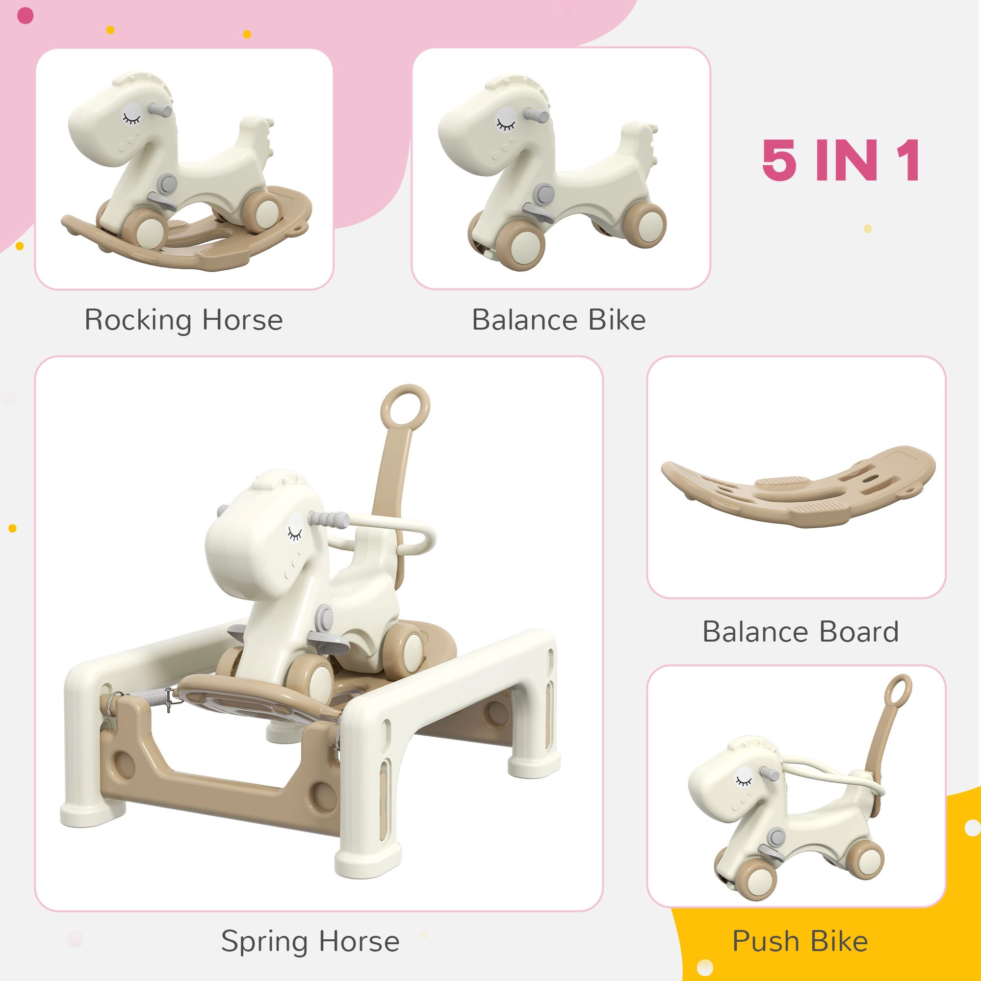 HONGGE 5-in-1 Ride-On Rocking Horse for Toddlers 1-3 Years, Detachable Balance Board & Push Handle, Cream White