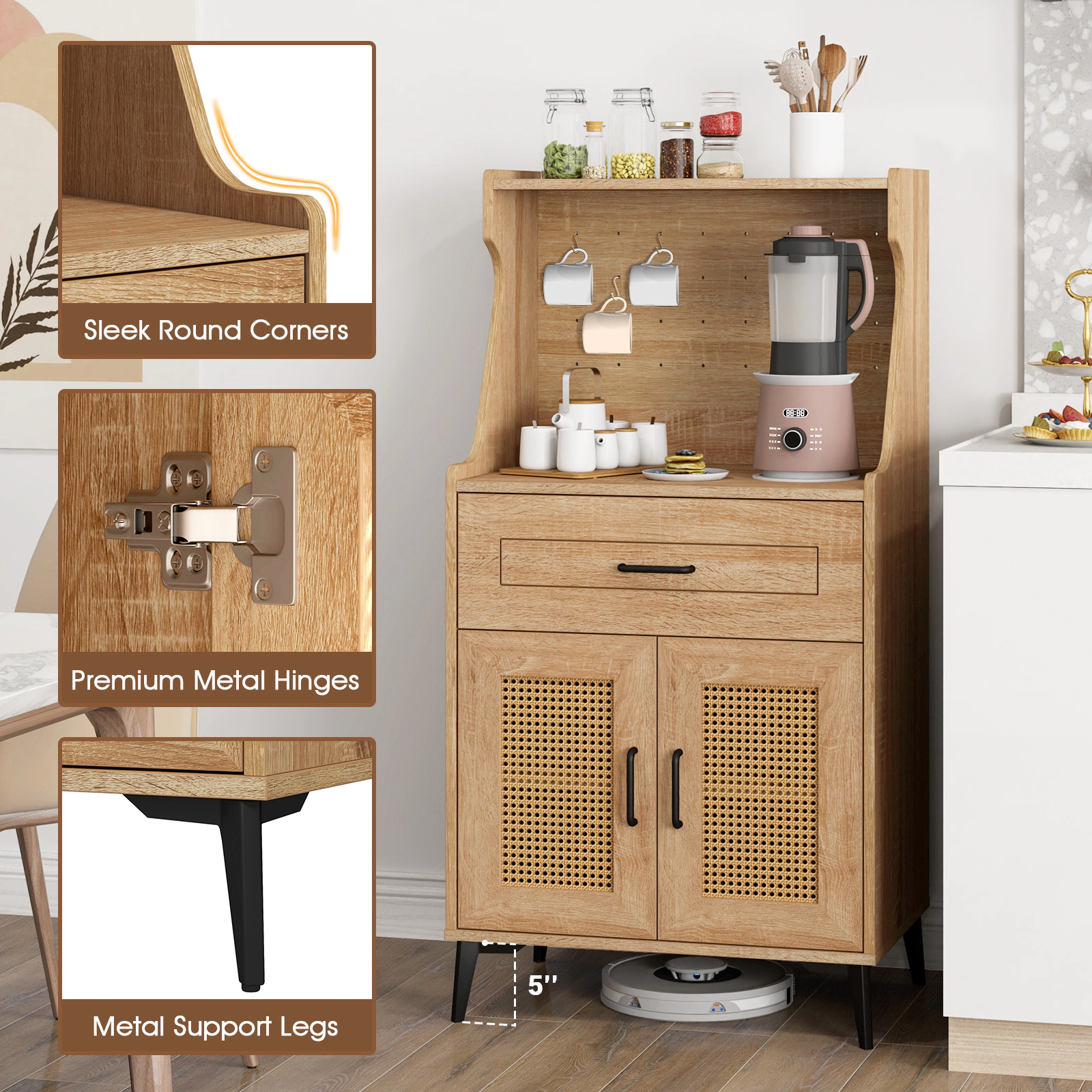 SUGIFT 45.5-in Pegboard Back Rattan Doors Adjustable Shelves Coffee Bar Cabinet 23.5-in x 15.5-in 200-lb Capacity Oak