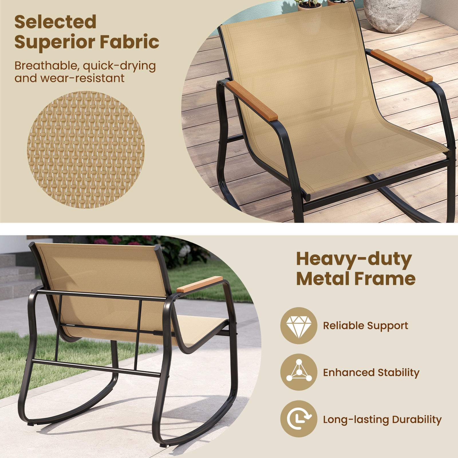 SUGIFT 3-Piece Rocking Bistro Chairs and Side Table Set 330-lb Chair Capacity Black + Brown