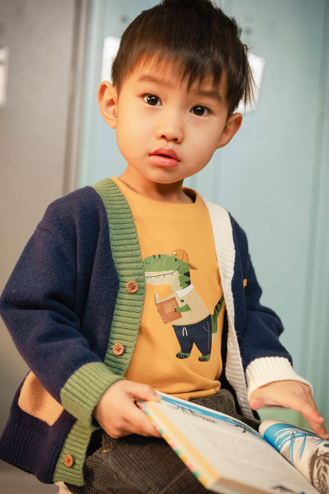 Deux par Boys Button Front Knit Cardigan with Dino Embroidery and Colorblock Pockets