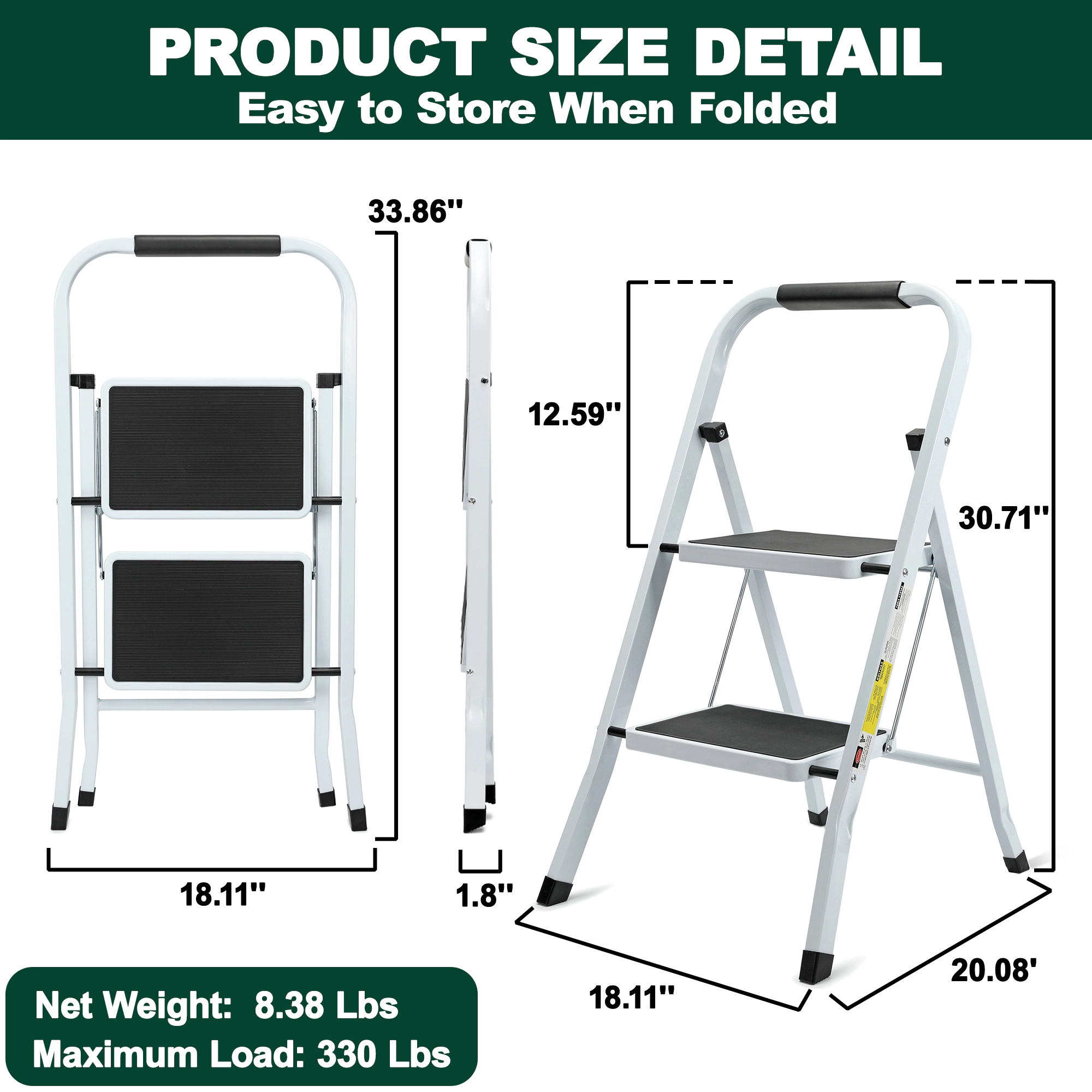 Flynama Step Ladder- 330lb Capacity Steel Foldable Step Stool (White
