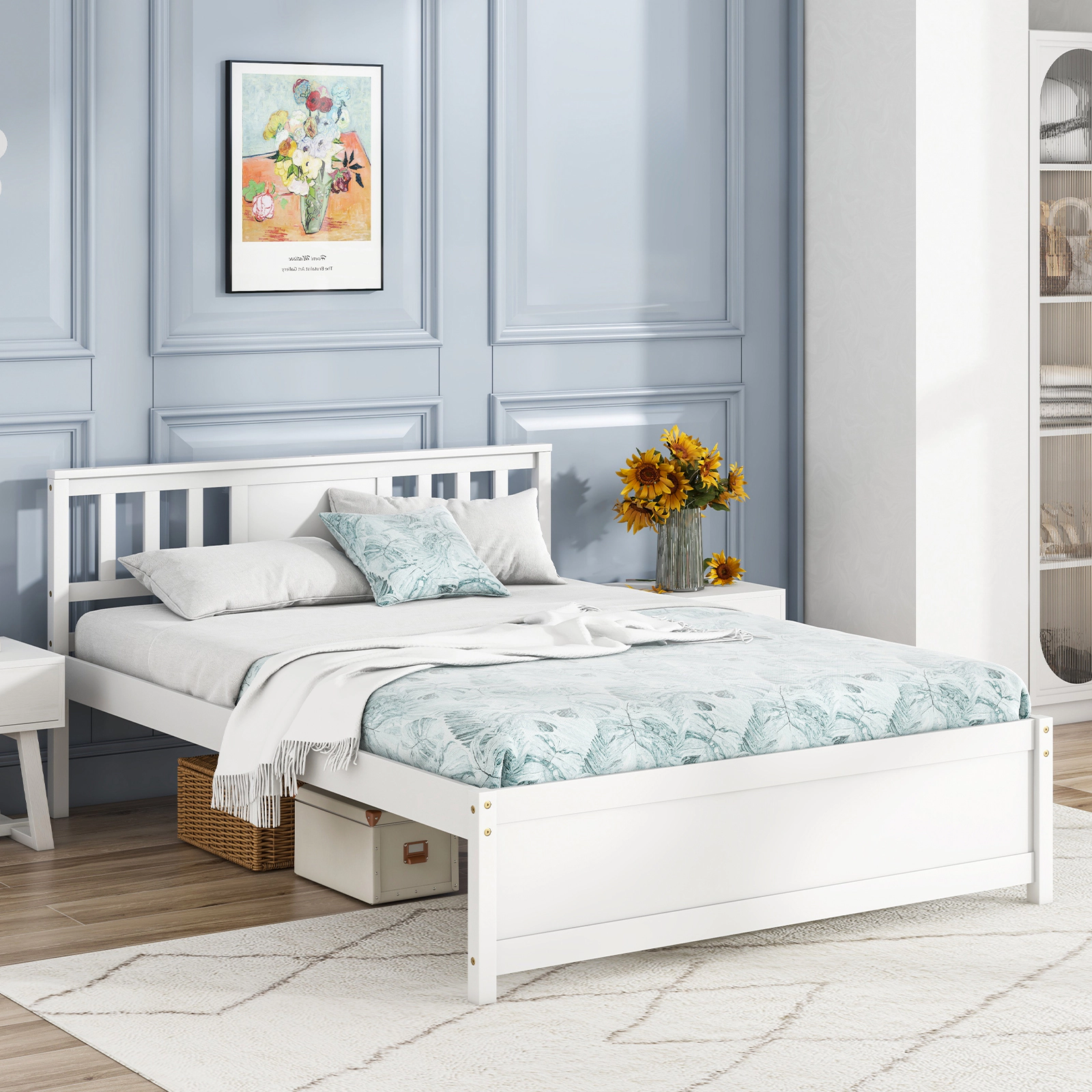 SUGIFT White Slat Headboard and Wood Slat Support Full Size Wooden Platform Bed