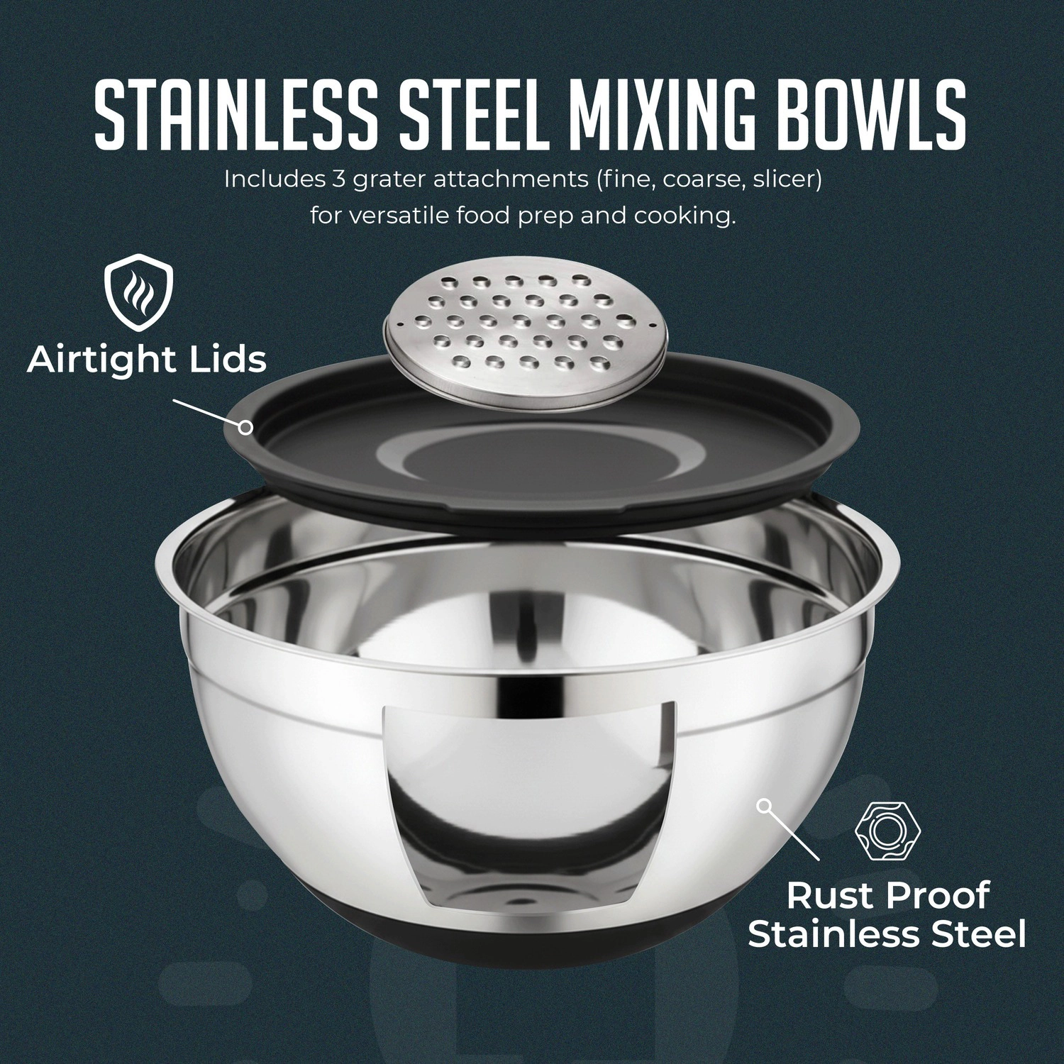 Luminuxe 5‑Piece Stainless Steel Mixing Bowls with Lids & Grater, Durable Rust‑Resistant Nonslip Nesting Kitchen Bowls