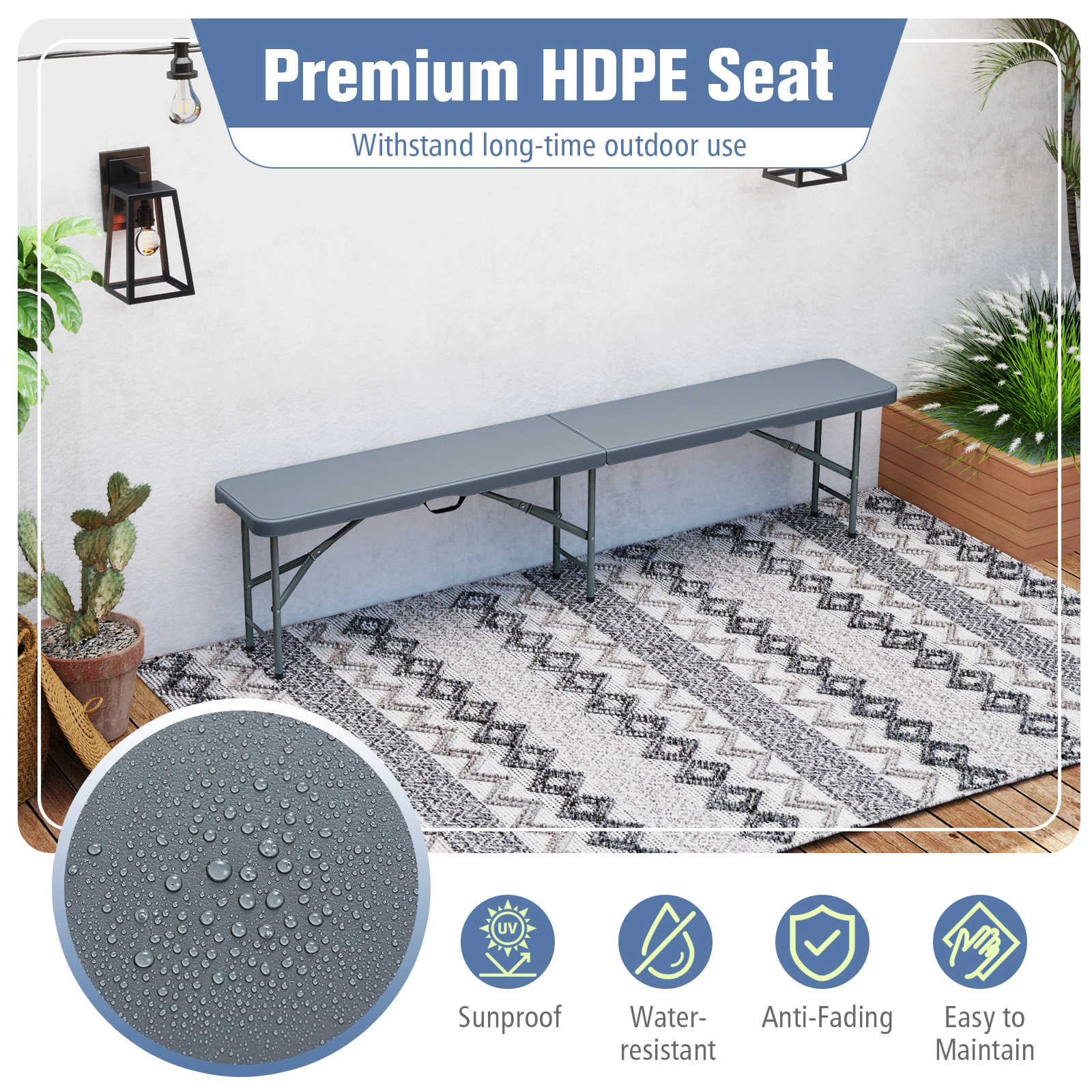 SUGIFT 6-Ft HDPE Plastic Folding Bench Portable Seat with Carry Handle and Middle Lock 660-lb Capacity Gray/White