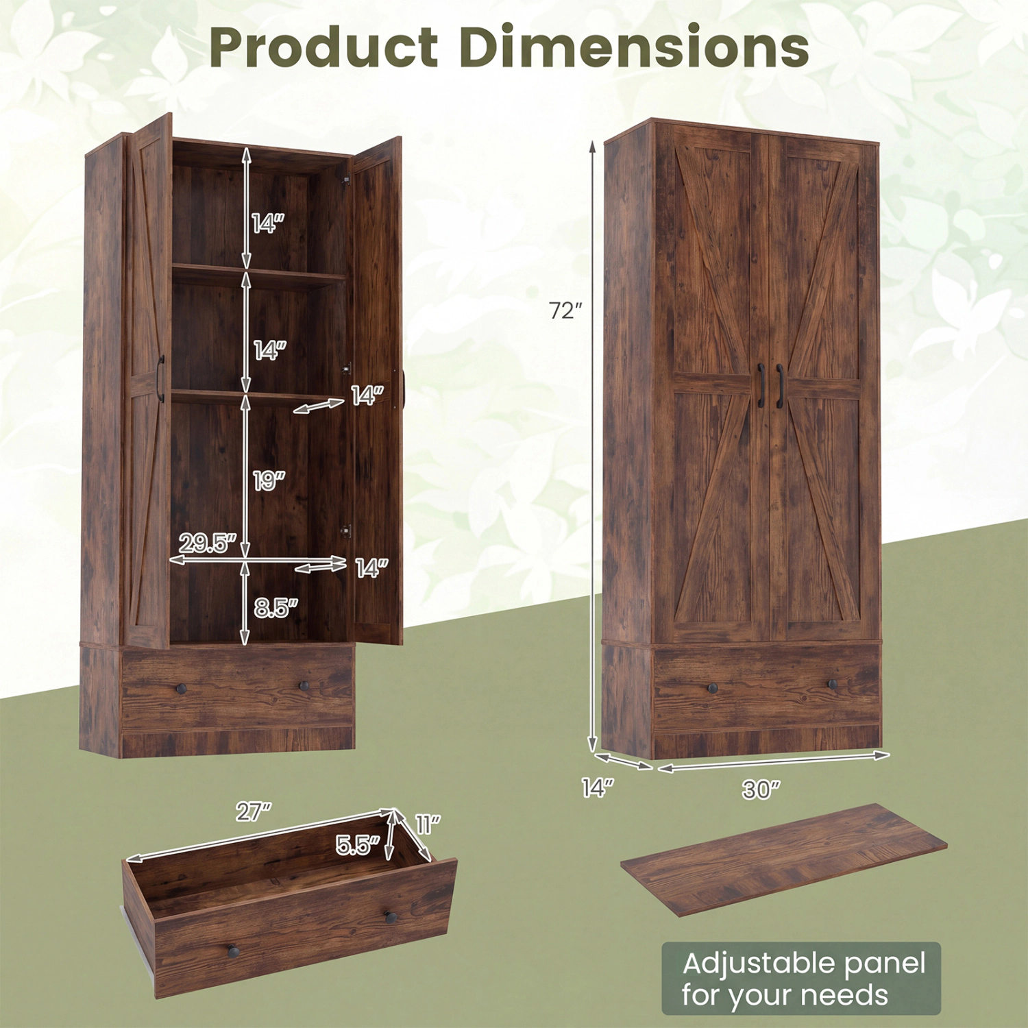SUGIFT 72-in Tall 230-lb Capacity Rustic Brown Farmhouse Pantry Cupboard with 2 Doors and Bottom Drawer