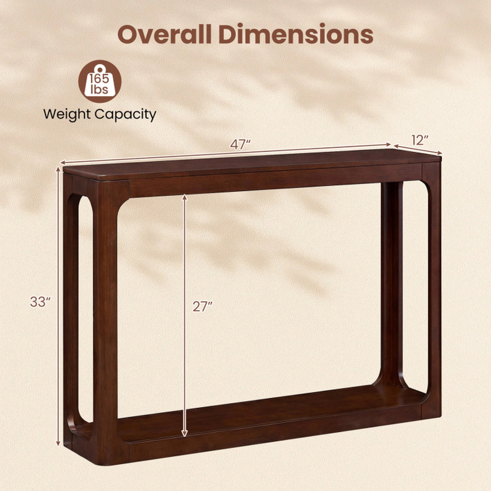 SUGIFT 2-Tier Mid Century Rubber Wood Console Table with Storage Shelf 165-lb Capacity 32.5-in Tall Antique Brown