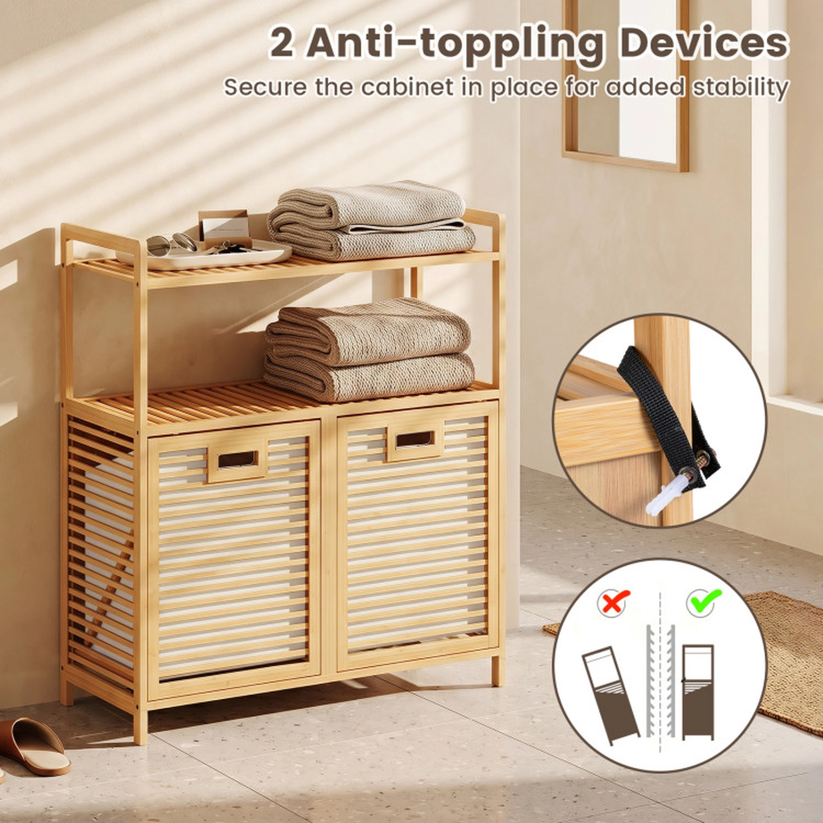 SUGIFT Double Tilt Out Laundry Hamper with 2 Shelves for Dirty Clothes 154-lb Capacity 32-in Wide Natural