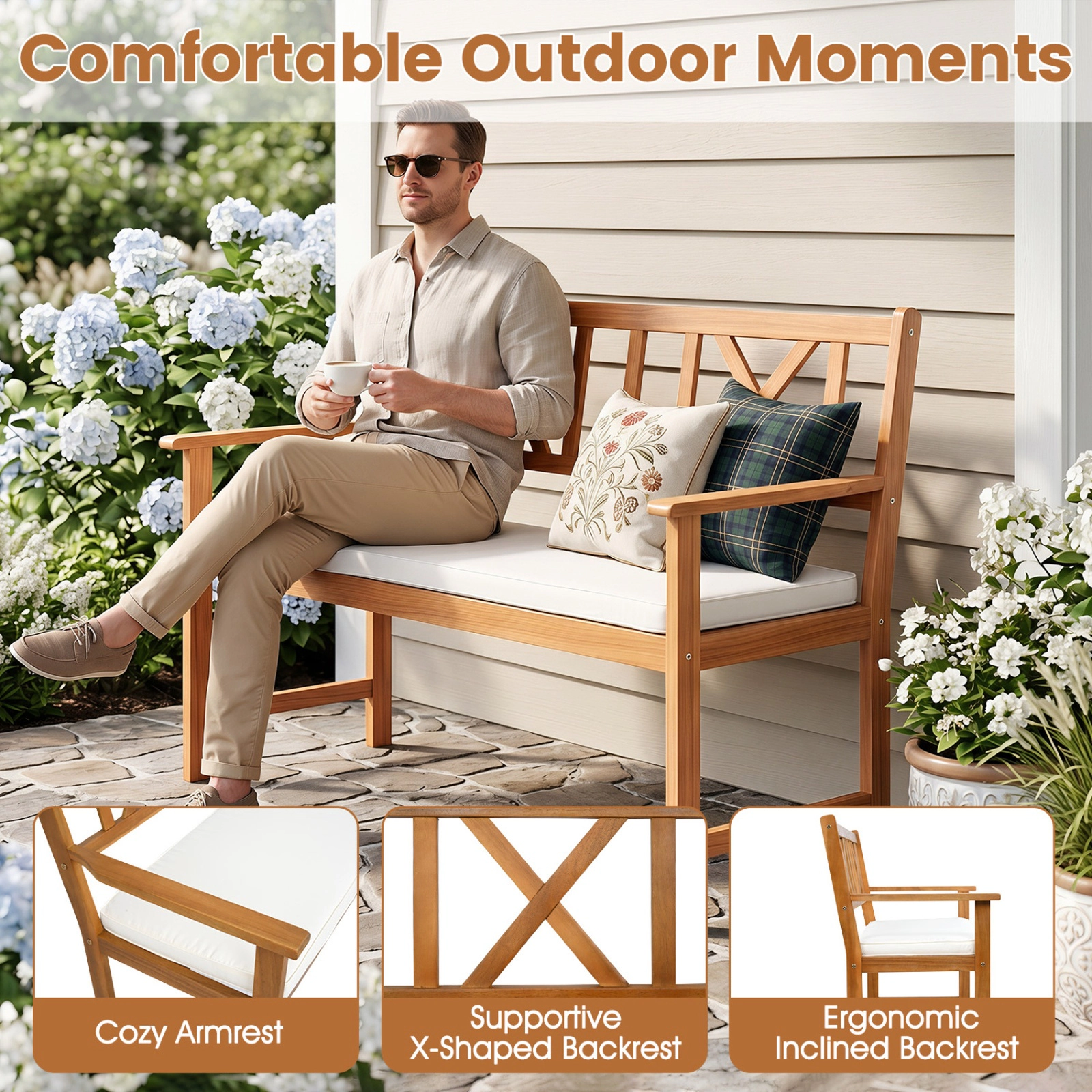 SUGIFT 2-Person Patio Garden Bench with Armrests & Removable Seat Cushion 800-Lb Capacity Natural Bench & White Cushion