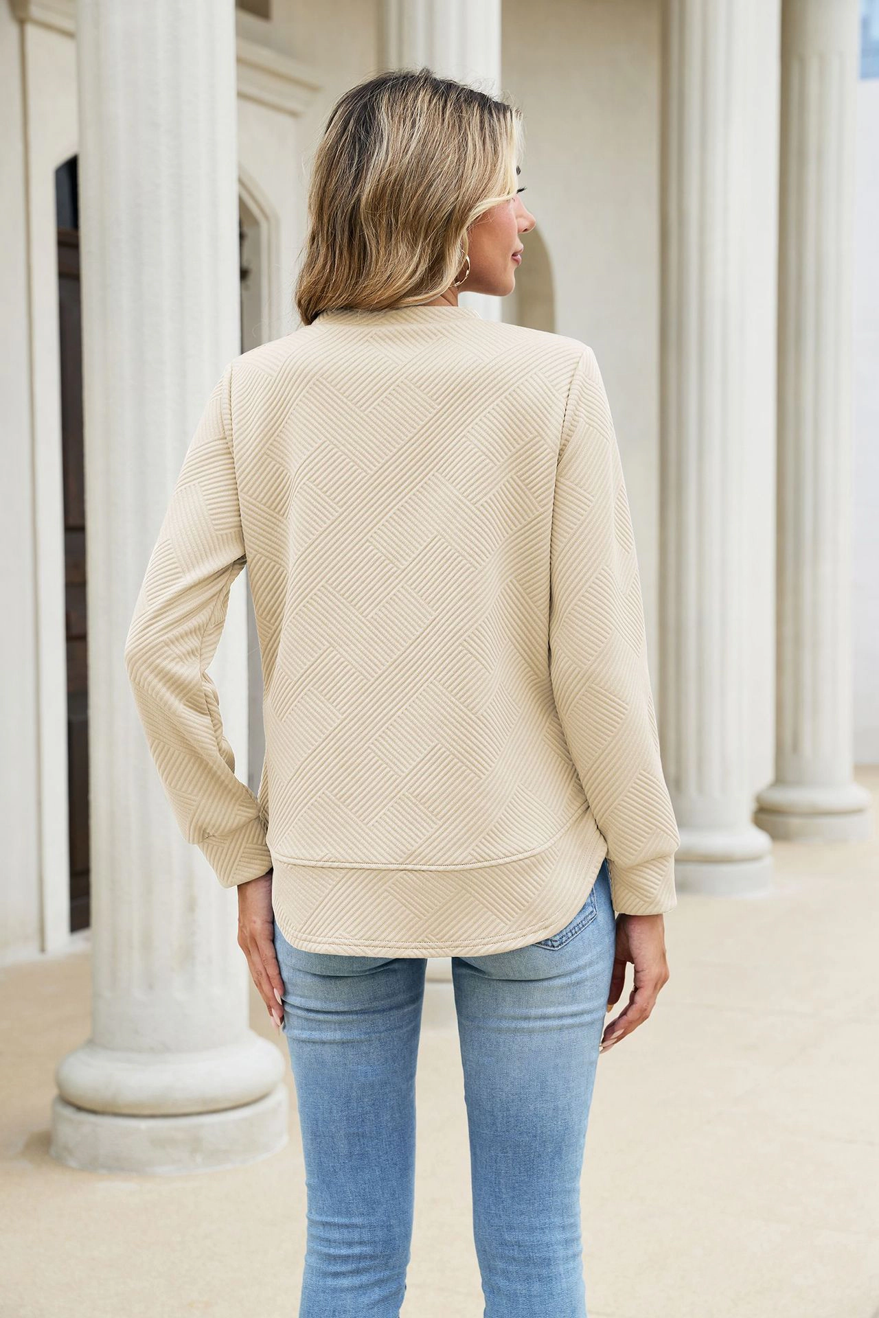 Enchanted Funland Womens Crew Neck Textured Long Sleeve Curved Hem Pullover Tops