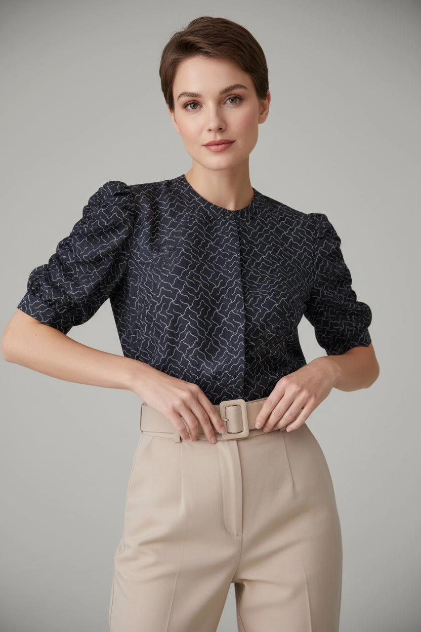 DressAtR Women's Geometric Print Unique Elbow Sleeve Front Button Blouse