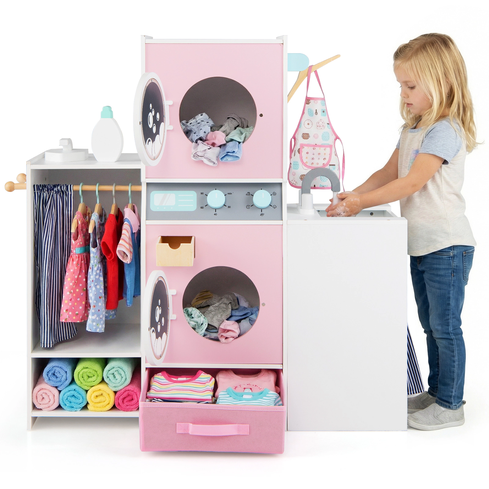 LJG Wooden Kids Laundry Playset with Laundry Detergent Bottle and Clothes Hangers
