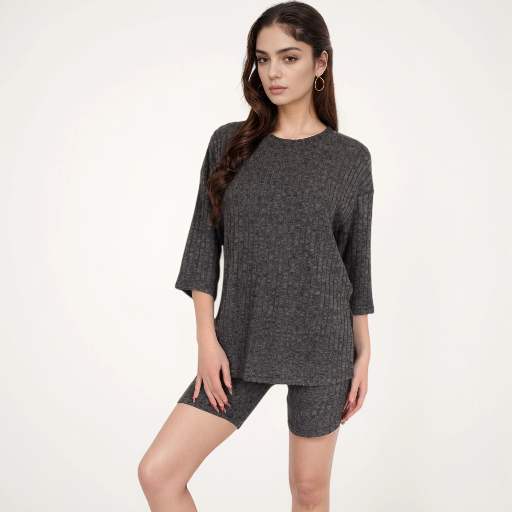 Anna-Kaci Women's Ribbed Knit Lounge Set with 3/4 Sleeve Top and Fitted Shorts