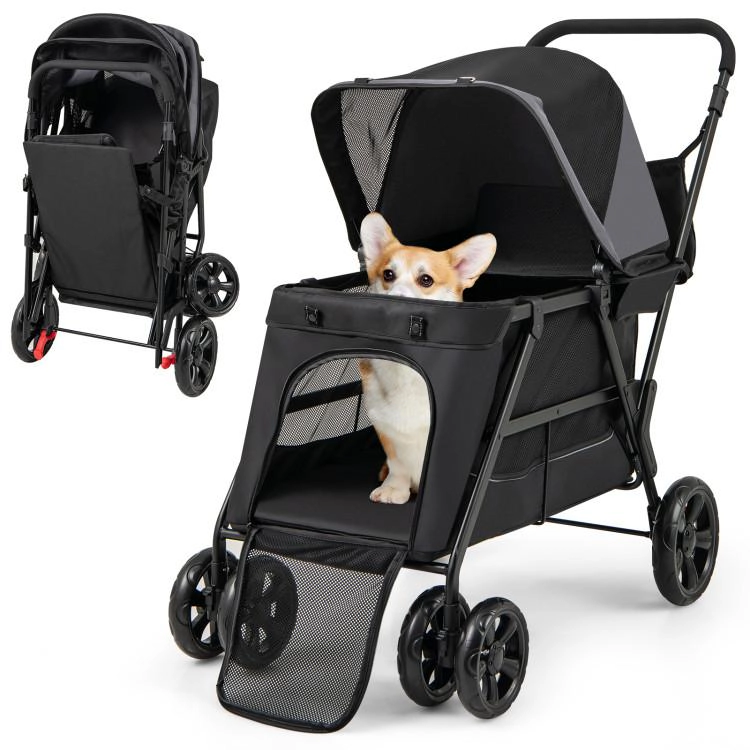 SUGIFT 44 x 40-in 66-lb Capacity Black Foldable Dog Stroller with Detachable Ramp Door and Shock-Absorbing Wheels