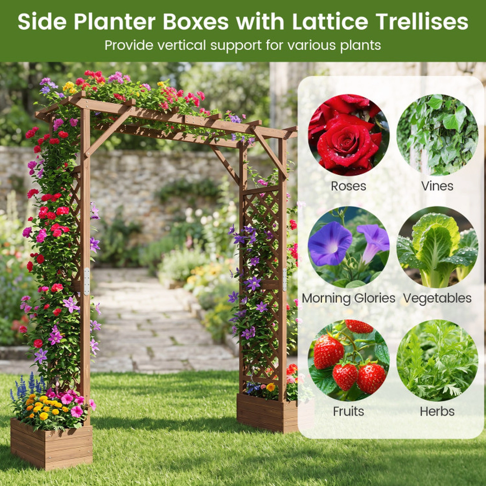 SUGIFT Orange Wooden Garden Arbor with 2 Planter Boxes and Top Roof 82-in W 22-in D 87-in H 44-lb Per Planter Box