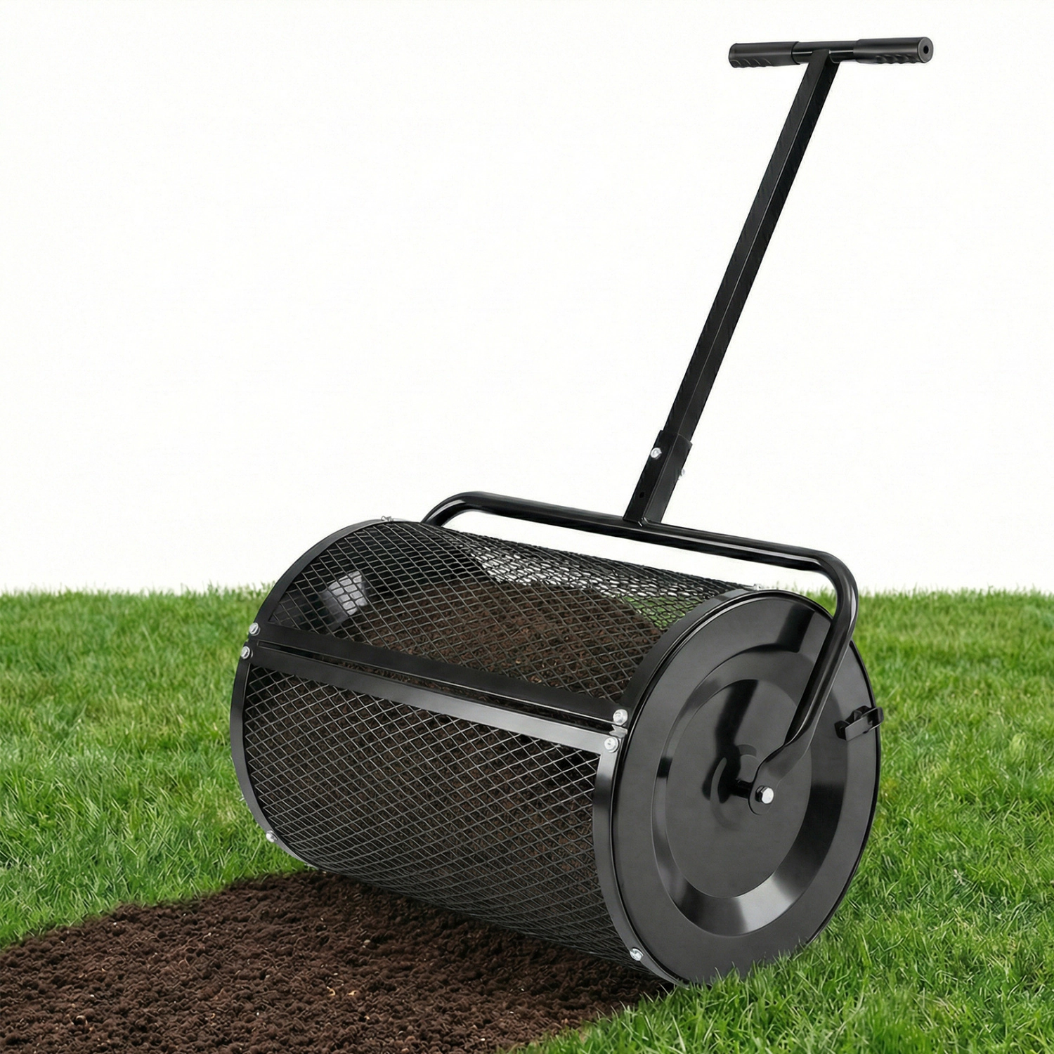 LJG Compost Spreader 24 Inch Peat Moss Roller with Height-Adjustable T-Shape Handle